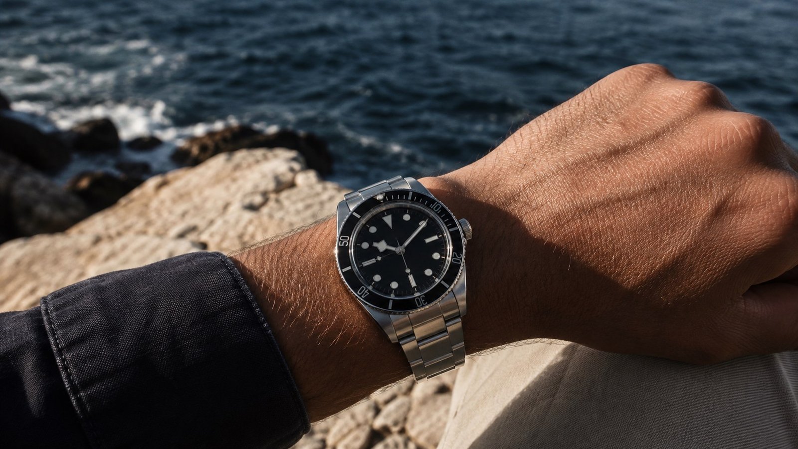 Luxury stainless-steel dive watch on a man's wrist beside dark ocean water