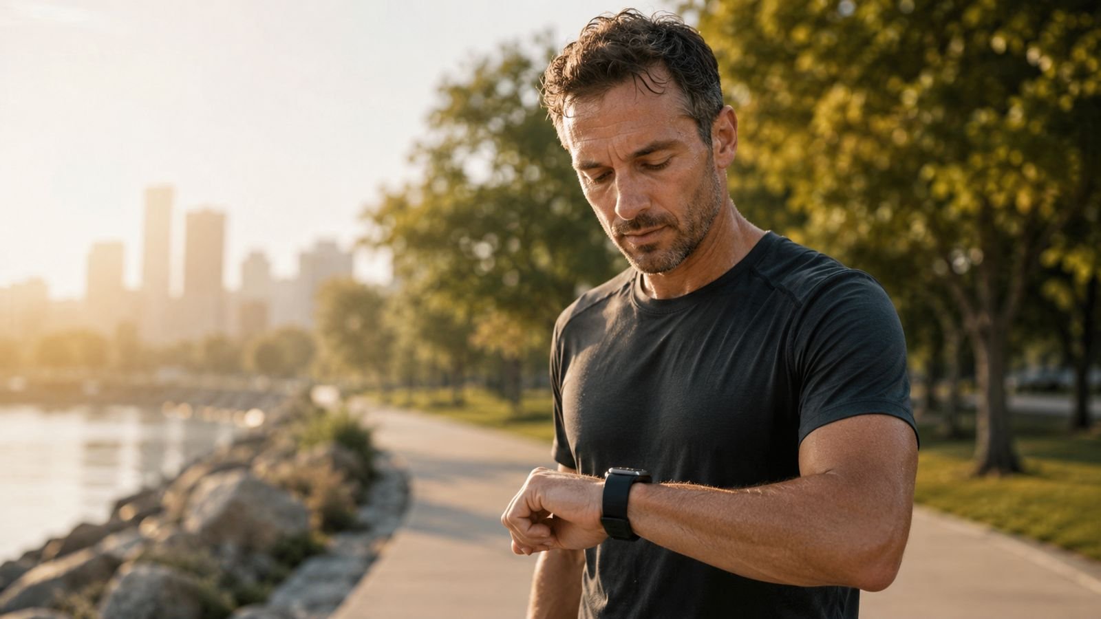 Man checking his heart rate on a fitness watch during an outdoor run