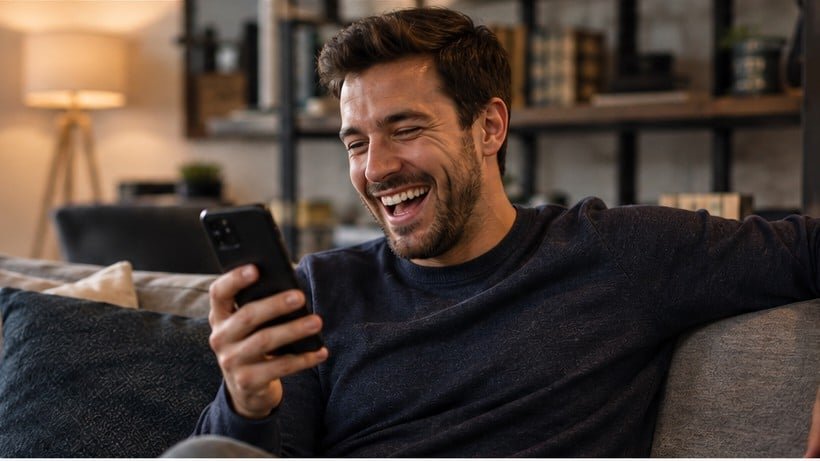 Man laughing at a funny meme on his smartphone while relaxing at home