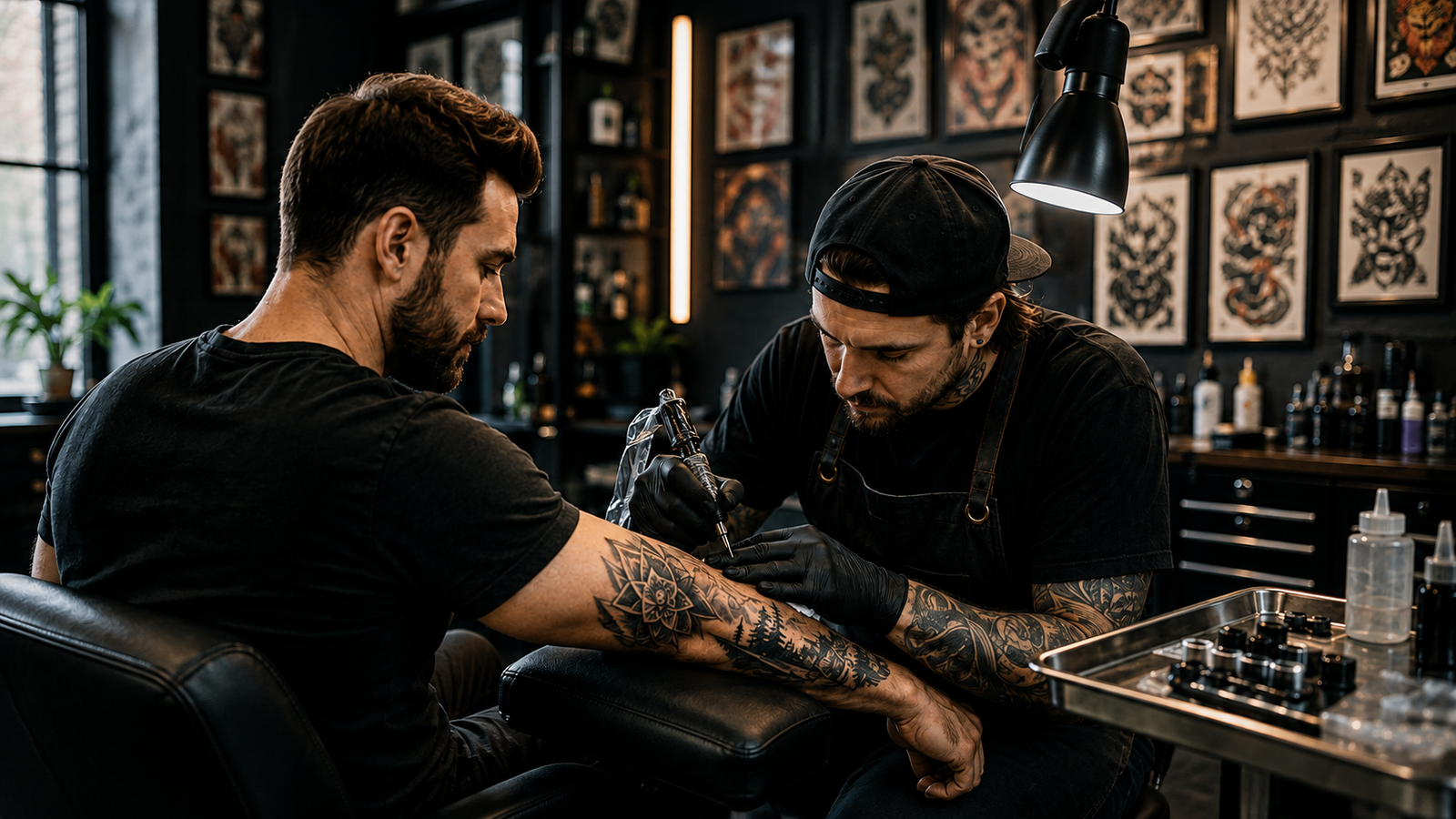 Tattoo artist working on a detailed black-and-gray forearm tattoo on a man in a modern tattoo studio