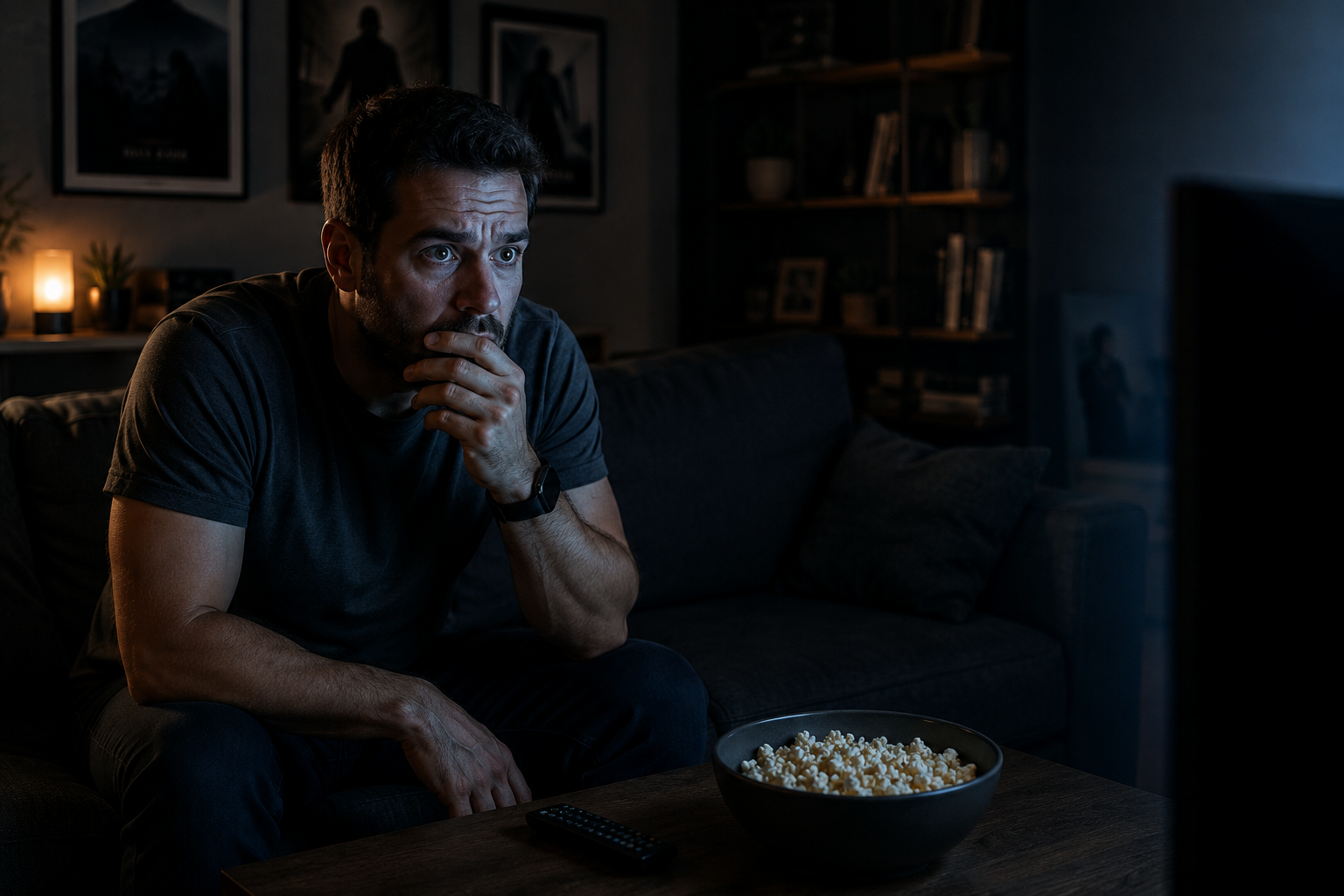 Man watching a frightening horror movie alone in a dark living room at night