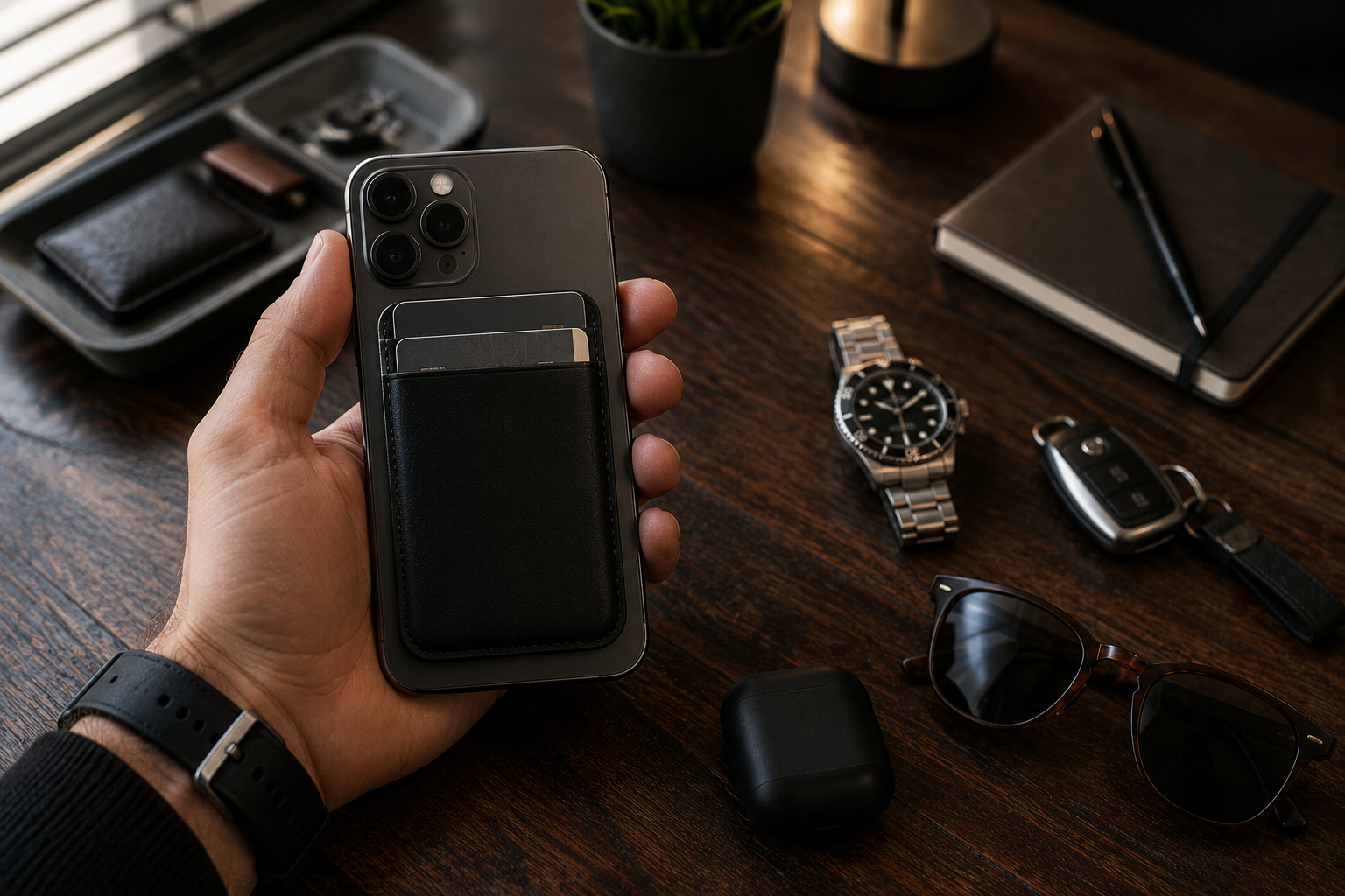 Man holding a smartphone with a slim magnetic wallet attached beside everyday carry items on a dark wood desk
