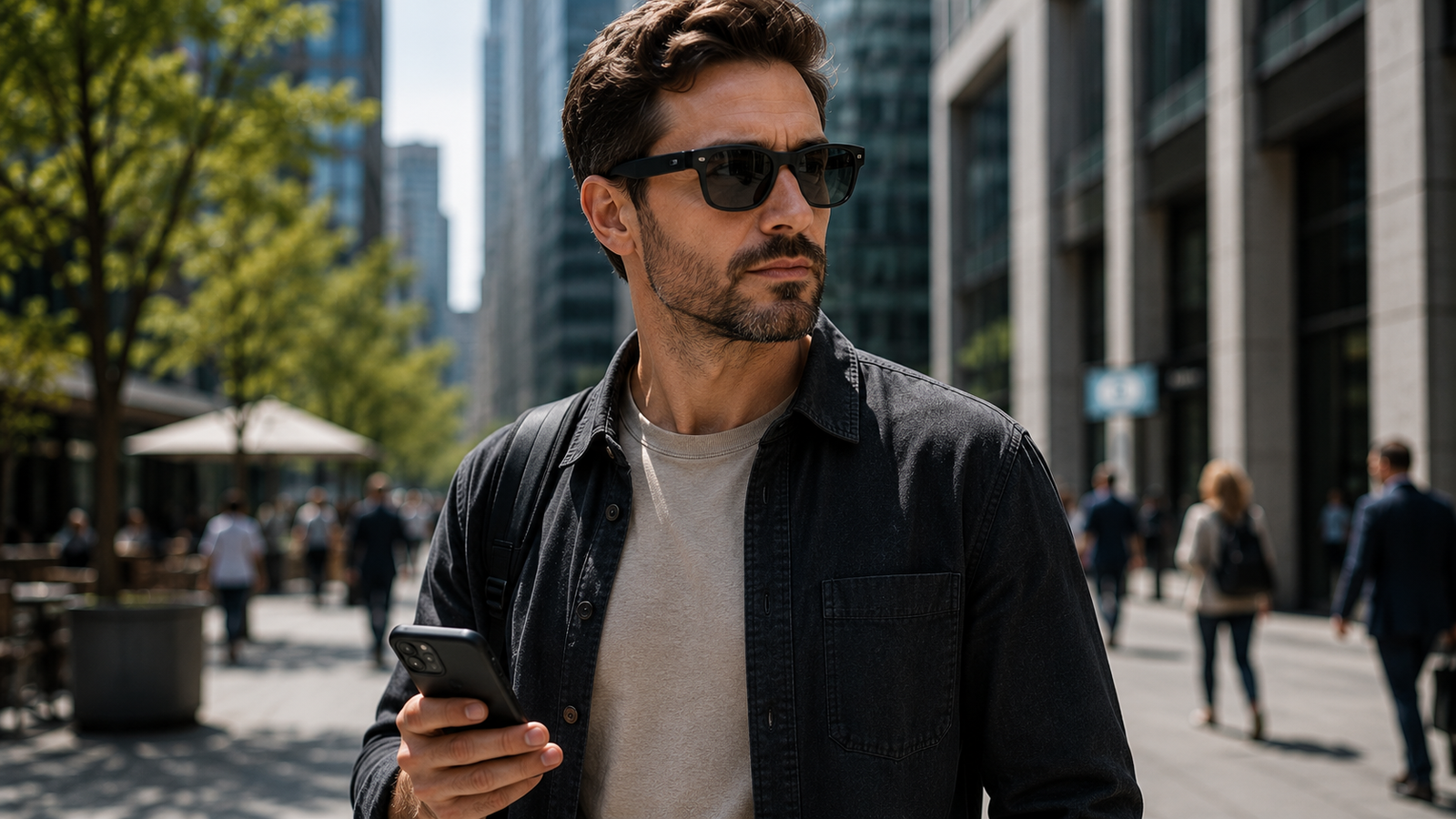 Man wearing black smart glasses while walking through a modern city with a smartphone in his hand
