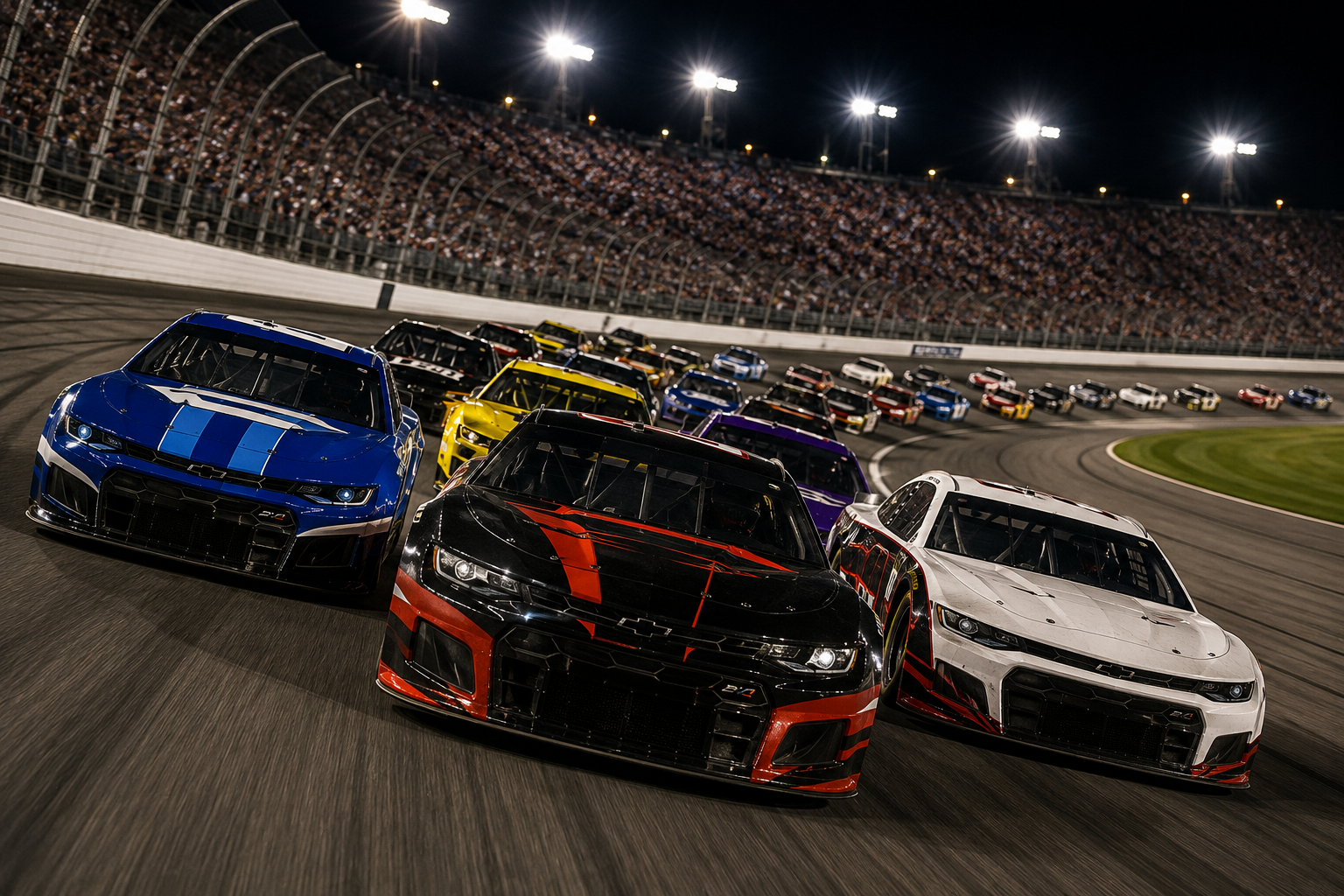 Stock cars racing closely under the lights on a high-banked oval track
