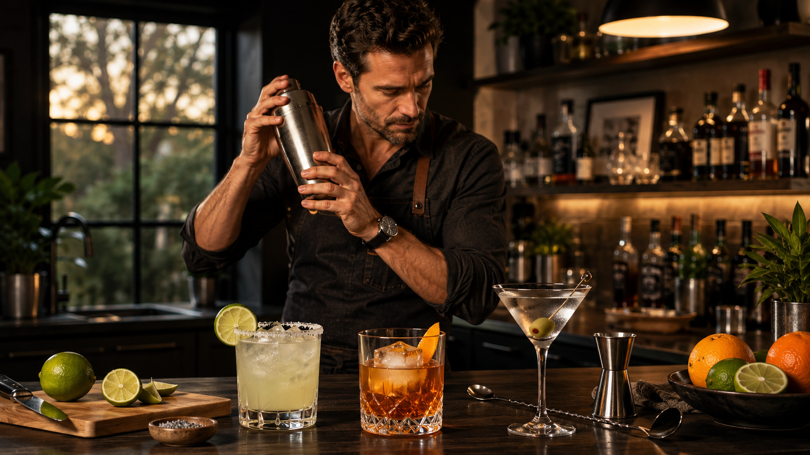 Man mixing cocktails at a home bar with a Margarita, whiskey drink and Martini on a dark wooden counter