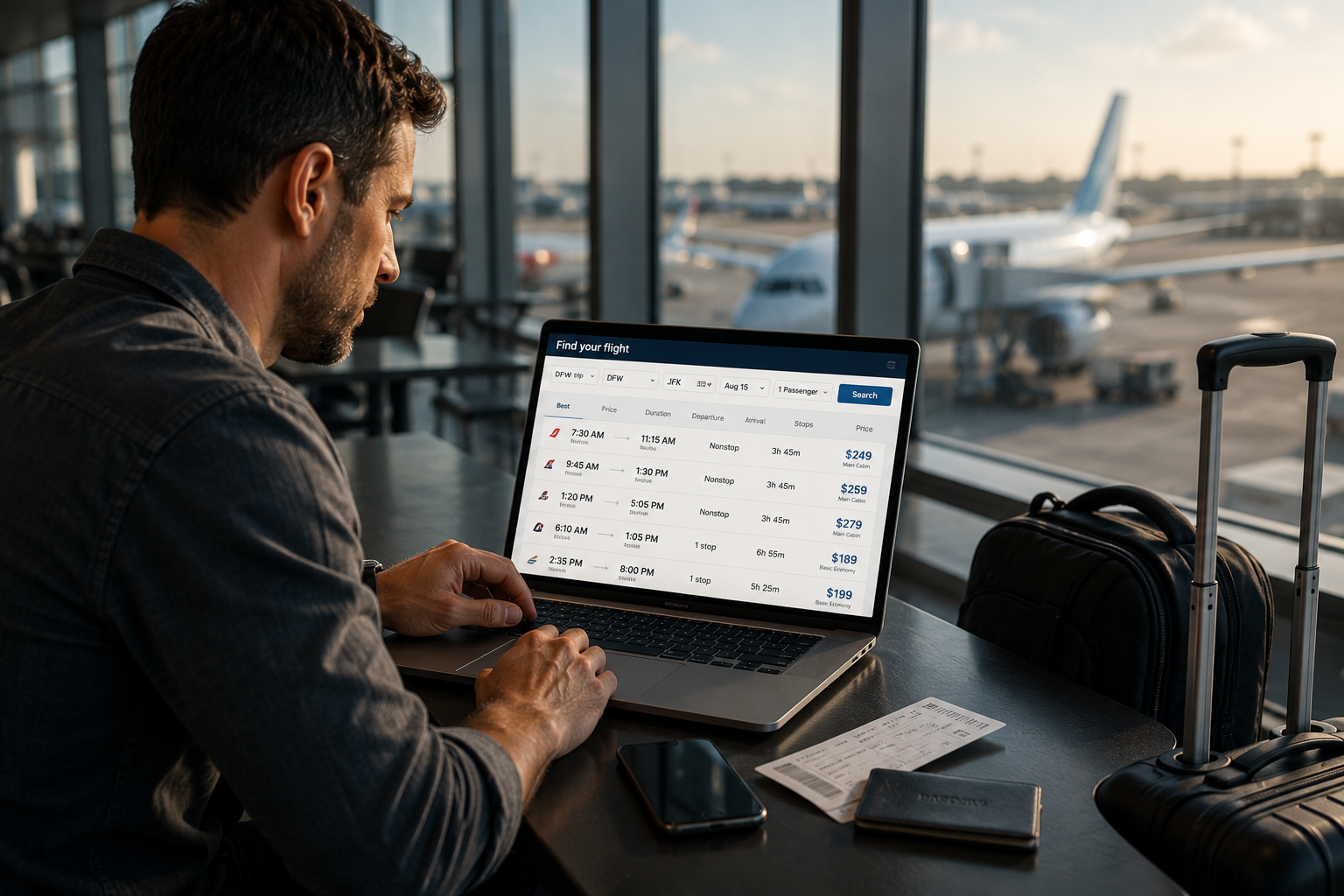 Man comparing airline flight options on a laptop while sitting at an airport terminal with a carry-on bag