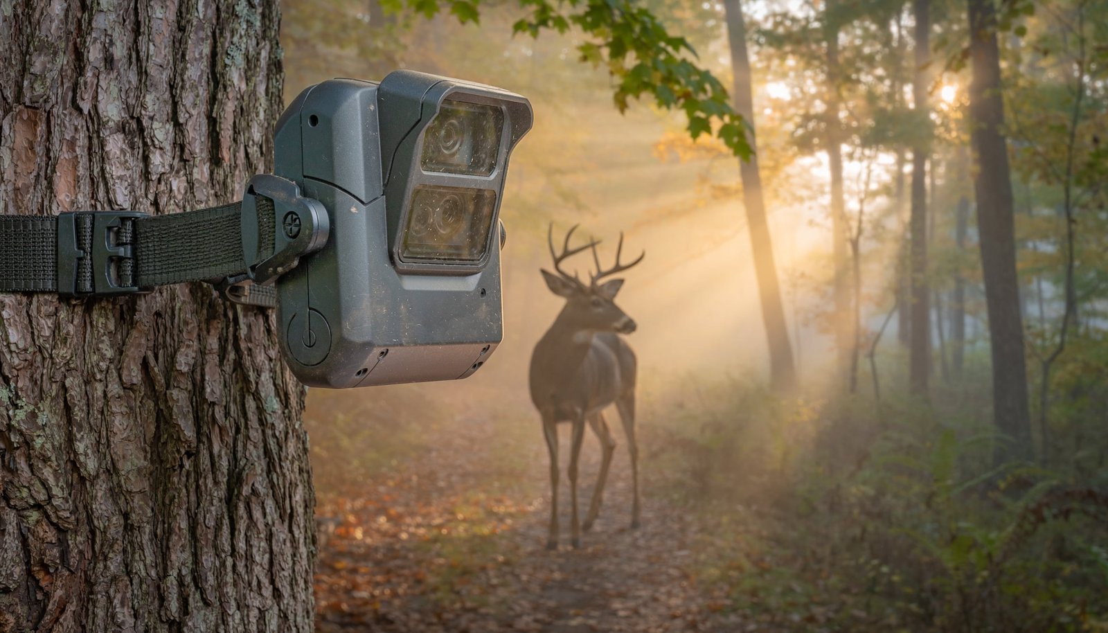 Trail camera mounted to a tree overlooking a wooded deer trail at sunrise