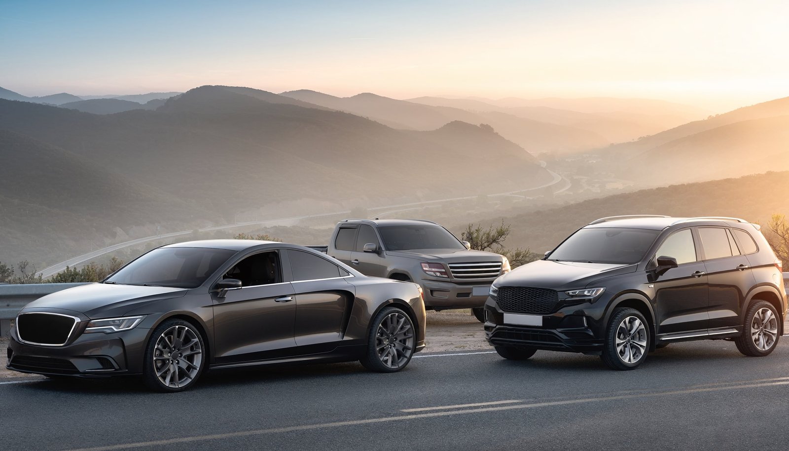 Modern dark sedan, pickup truck and SUV parked together at a scenic road overlook at sunrise