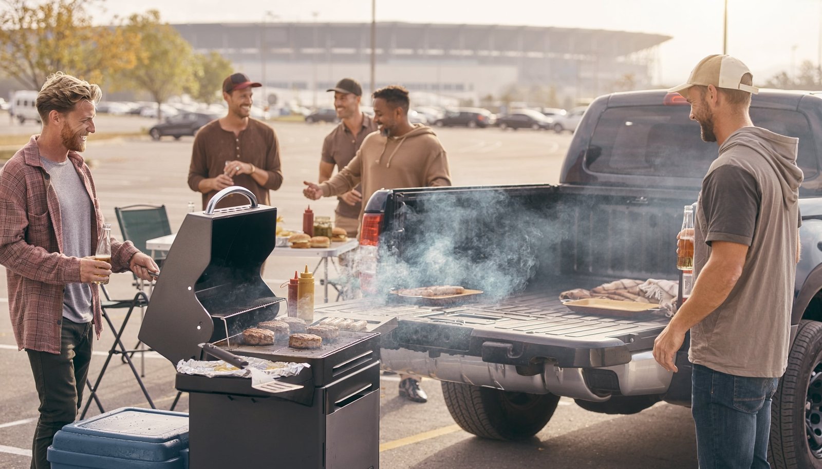 Friends grilling burgers and sausages beside an open pickup truck at a football tailgate