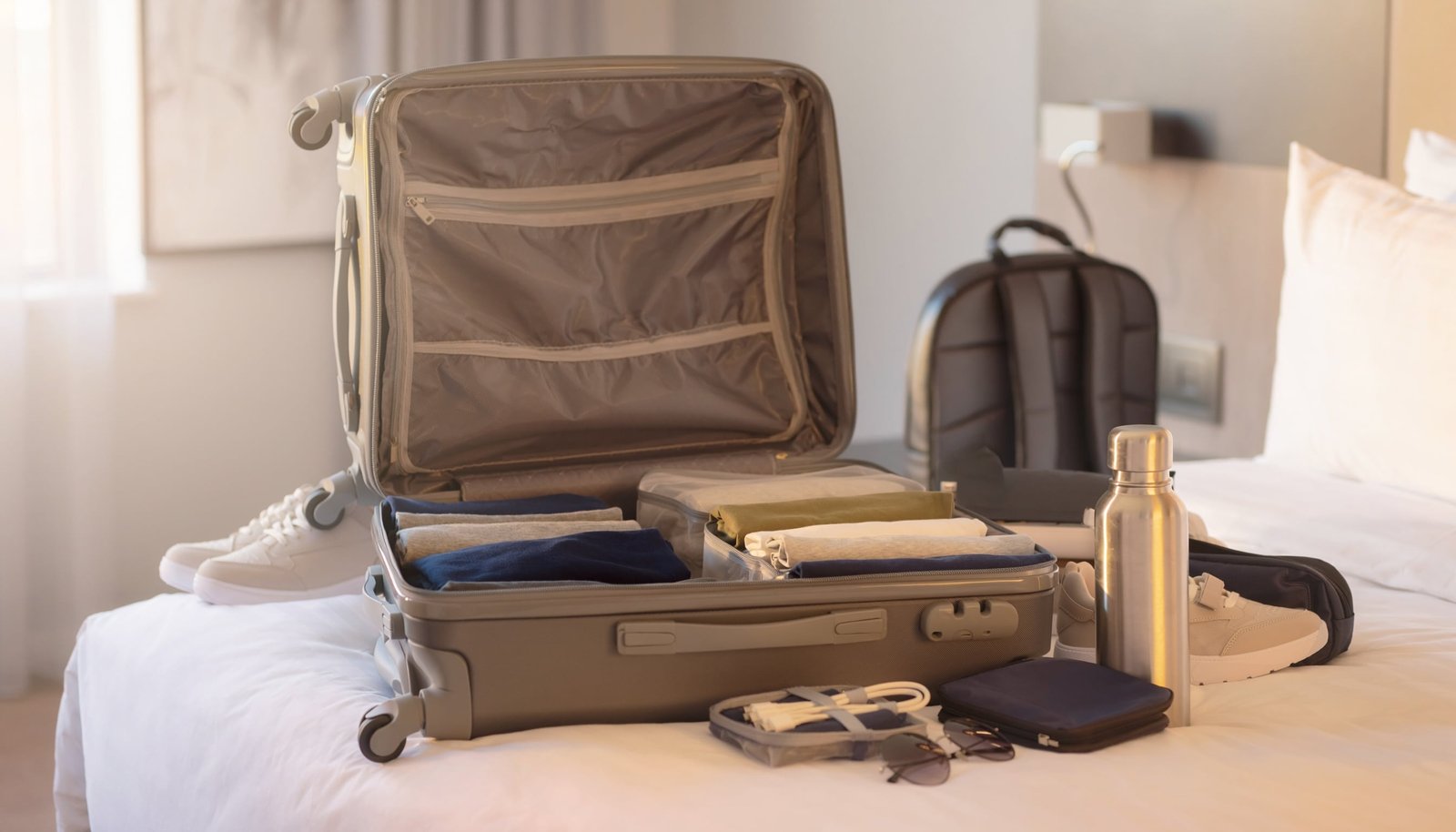 Open carry-on suitcase neatly packed with men's clothing, shoes and organized travel gear on a hotel bed