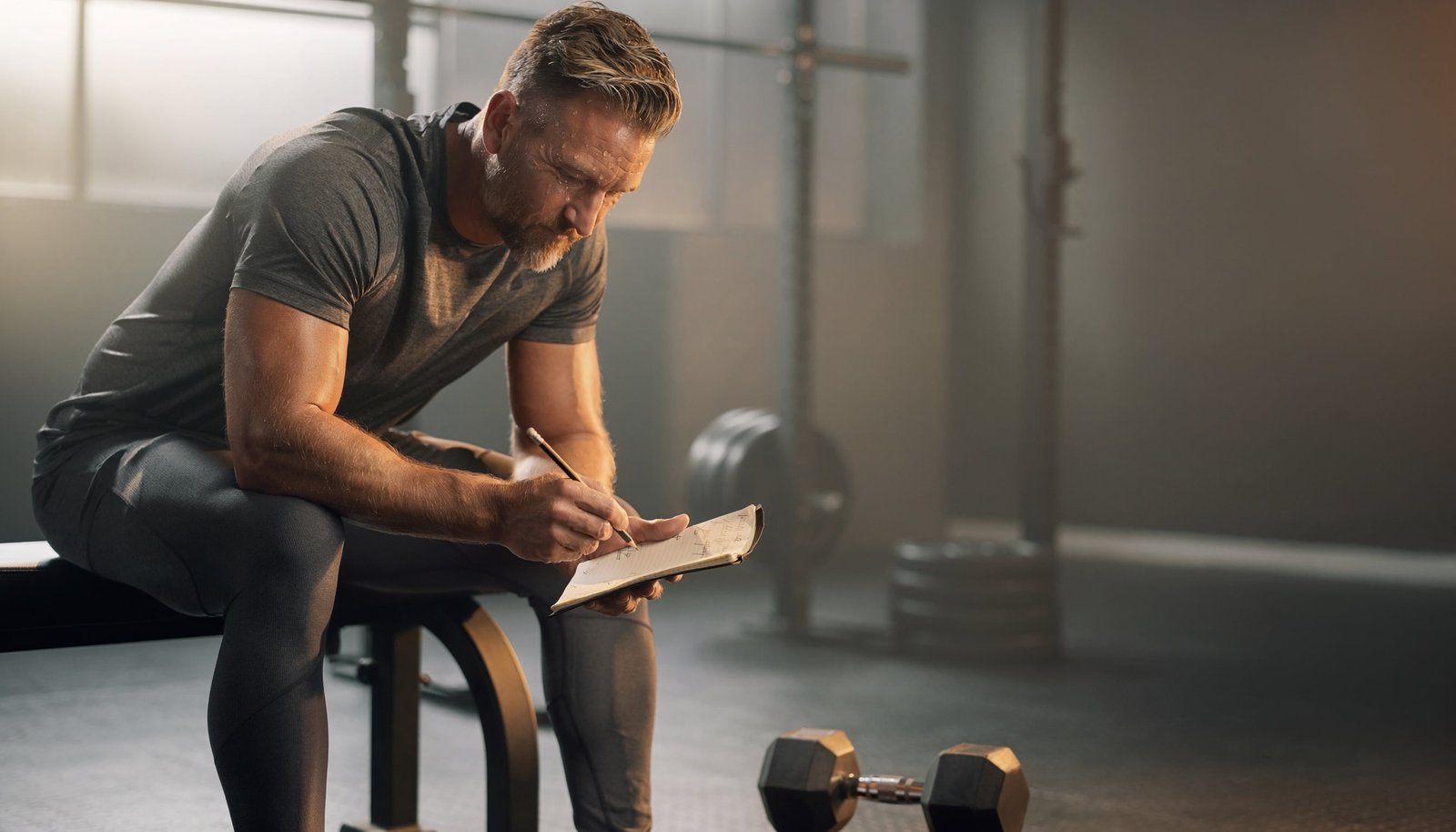 Man reviewing a handwritten workout plan beside dumbbells on a gym bench before training