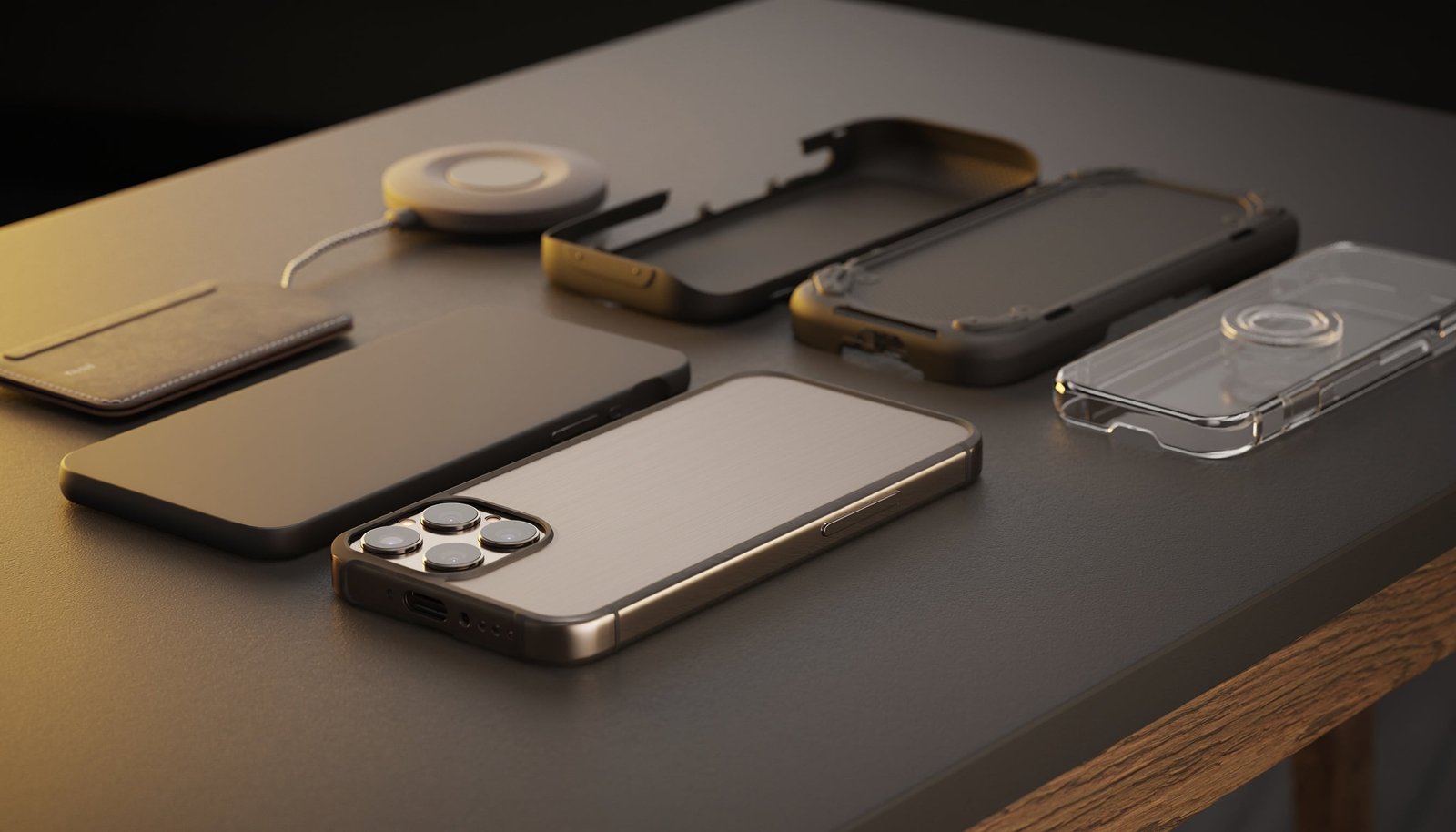 Modern premium smartphone beside slim, rugged and clear protective cases with magnetic accessories on a dark desk