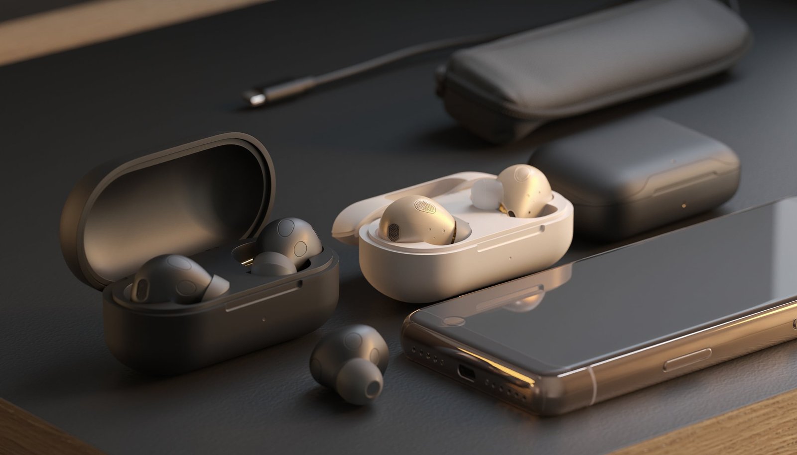 Premium unbranded wireless earbuds and charging cases arranged on a dark desk beside a smartphone