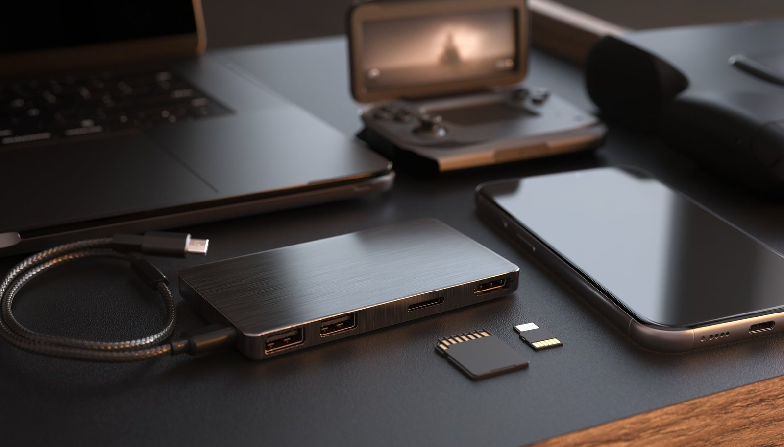 Compact unbranded USB-C SSD hub beside a laptop, smartphone, SD card and portable gaming device on a dark desk