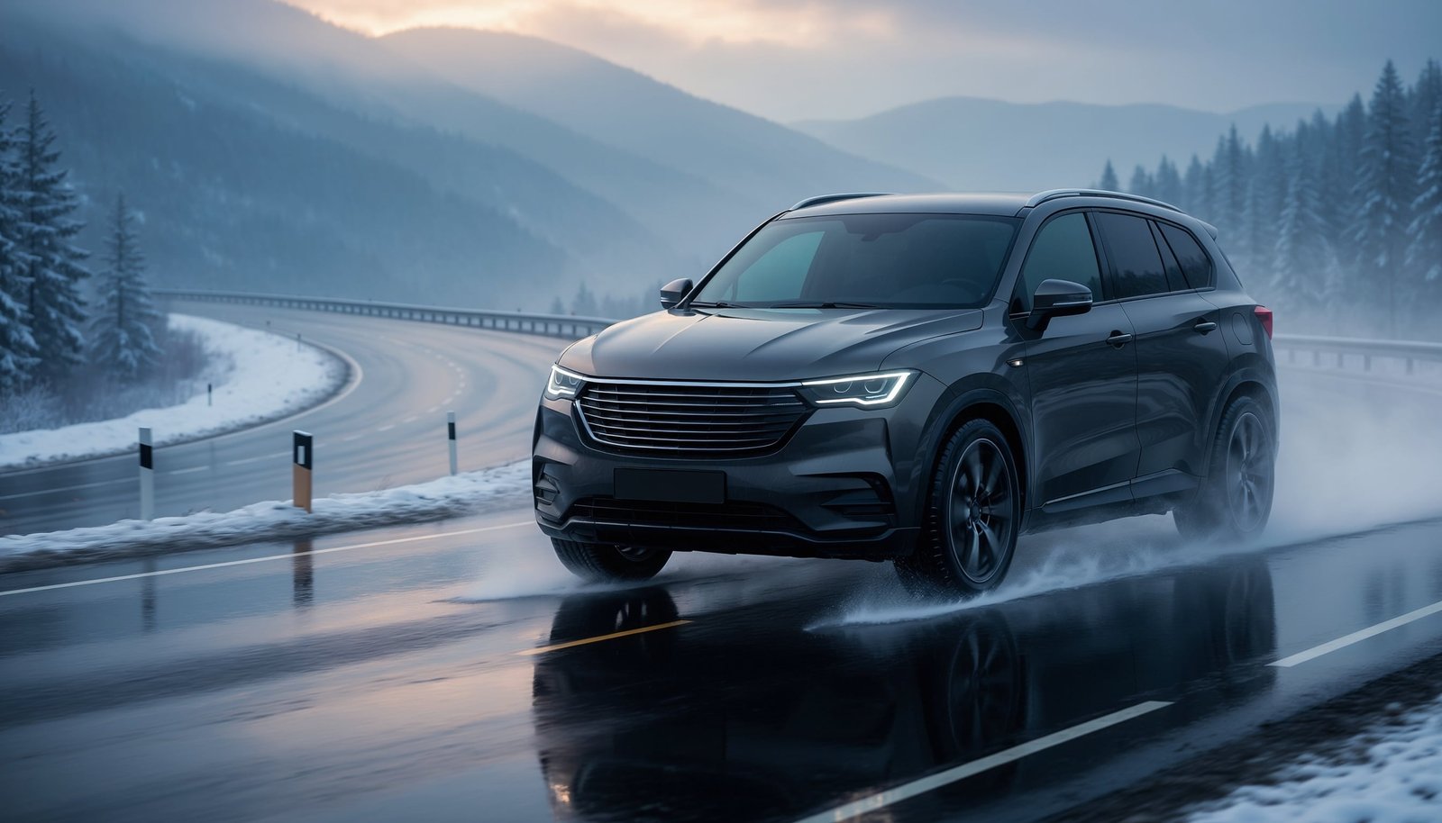 Modern dark crossover driving on a wet mountain road with light snow along the roadside