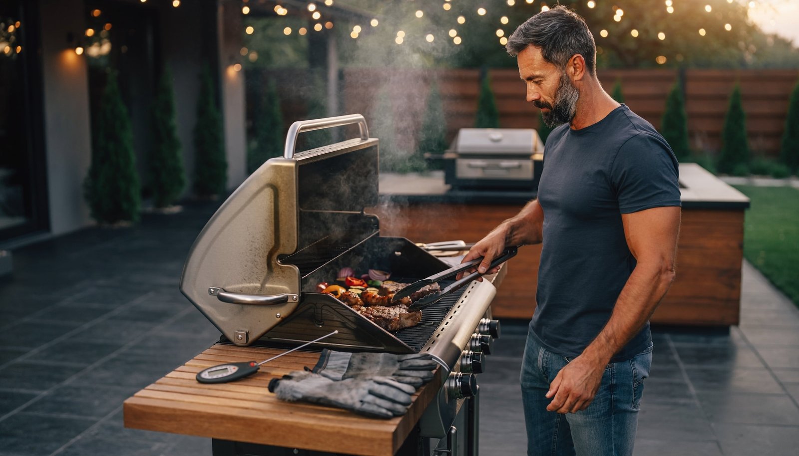 Man grilling steaks and vegetables at a premium backyard grill with thermometer, tongs and prep tools nearby