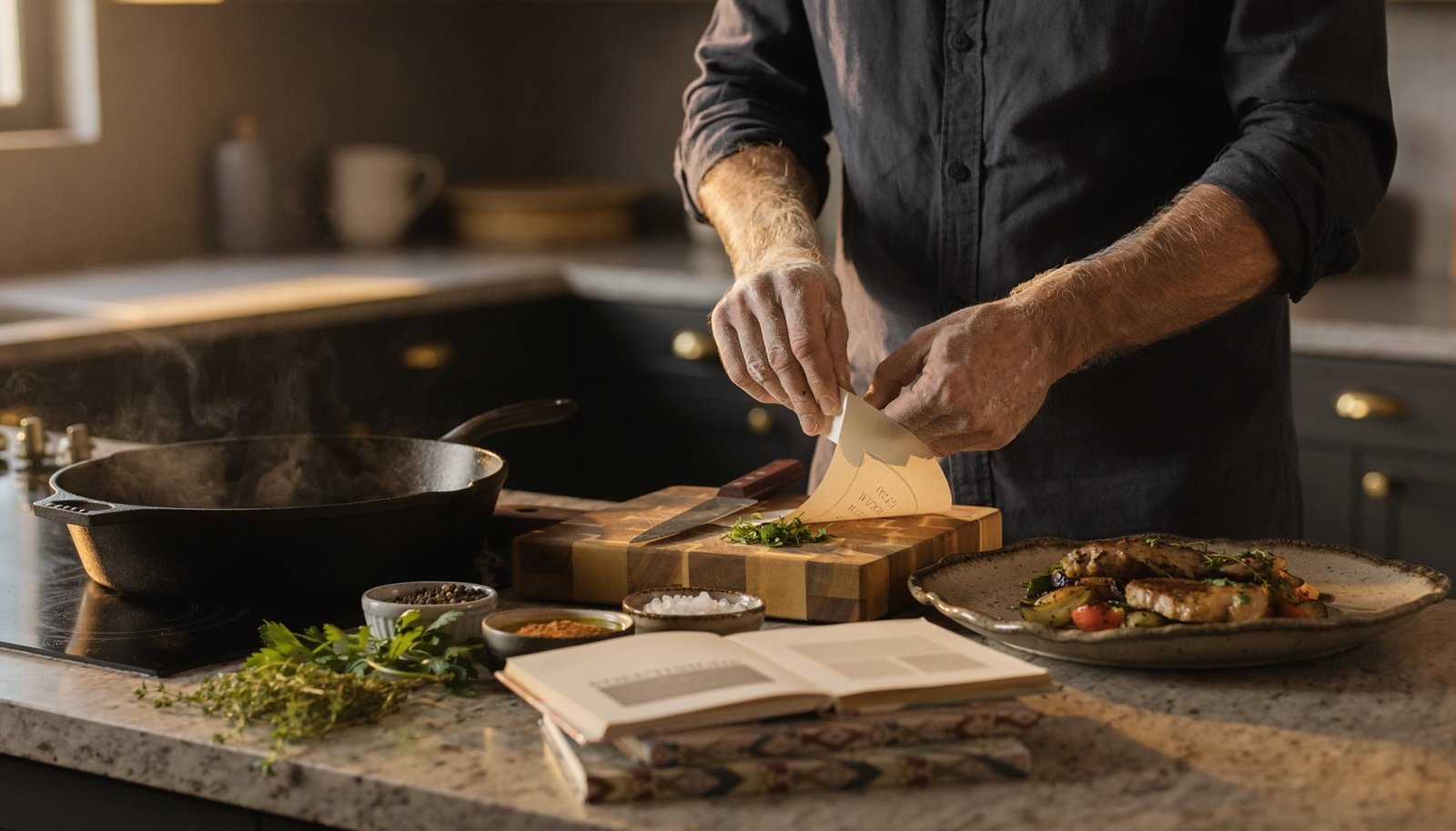 Stack of modern cookbooks beside a cast-iron skillet, chef knife, herbs and plated dinner on a warm kitchen counter