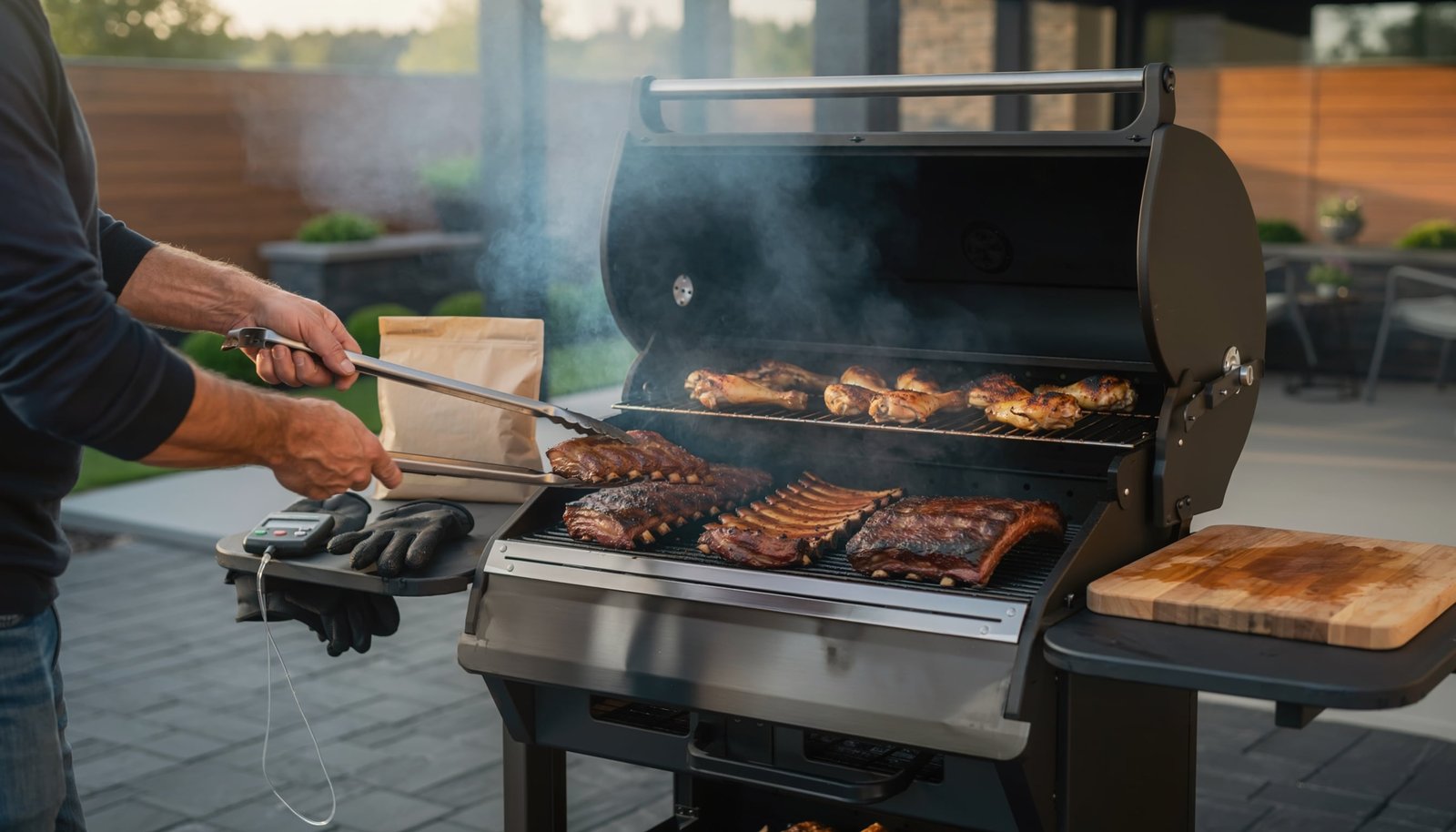 Large unbranded pellet smoker cooking ribs, brisket and chicken on a backyard patio with thin smoke rising