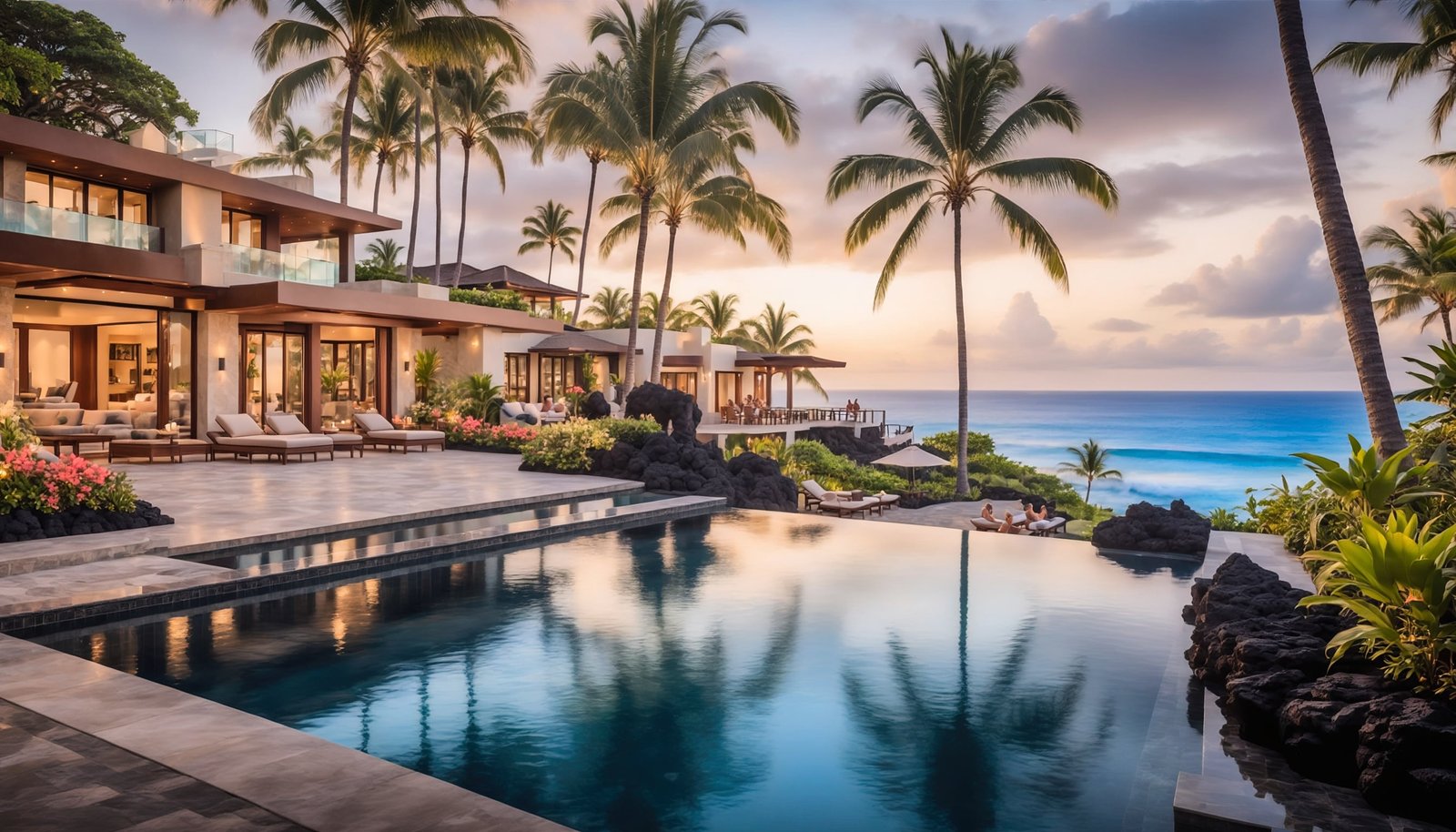 Luxury Hawaiian beachfront resort with palm trees, infinity pool and blue Pacific Ocean at sunset