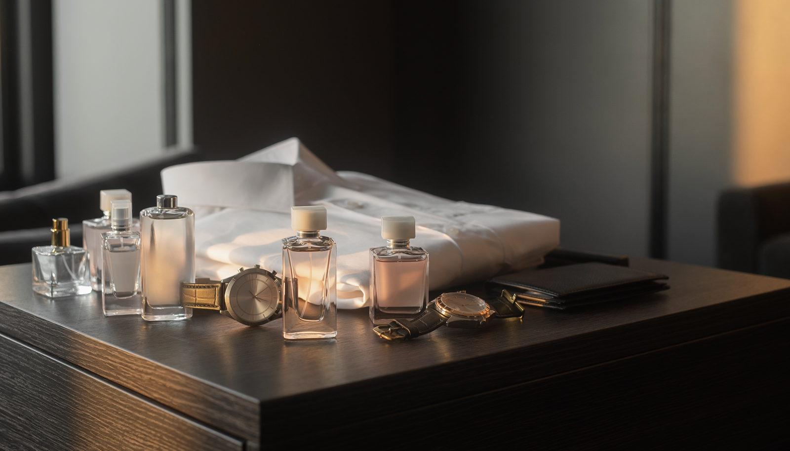 Men’s fragrance bottles arranged with a watch and grooming accessories on a dark wood dresser.