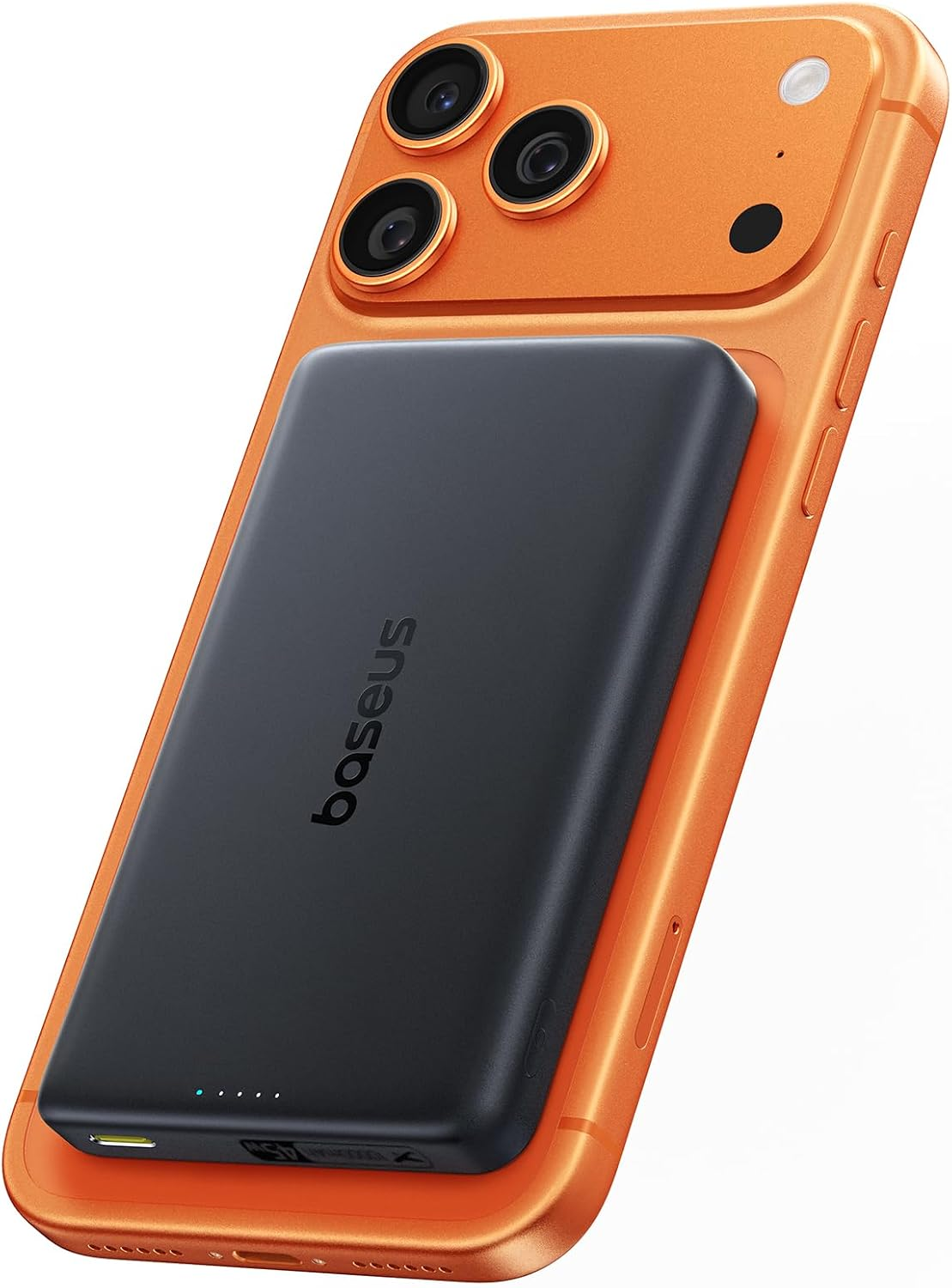Baseus PicoGo AM52 magnetic power bank attached to an iPhone