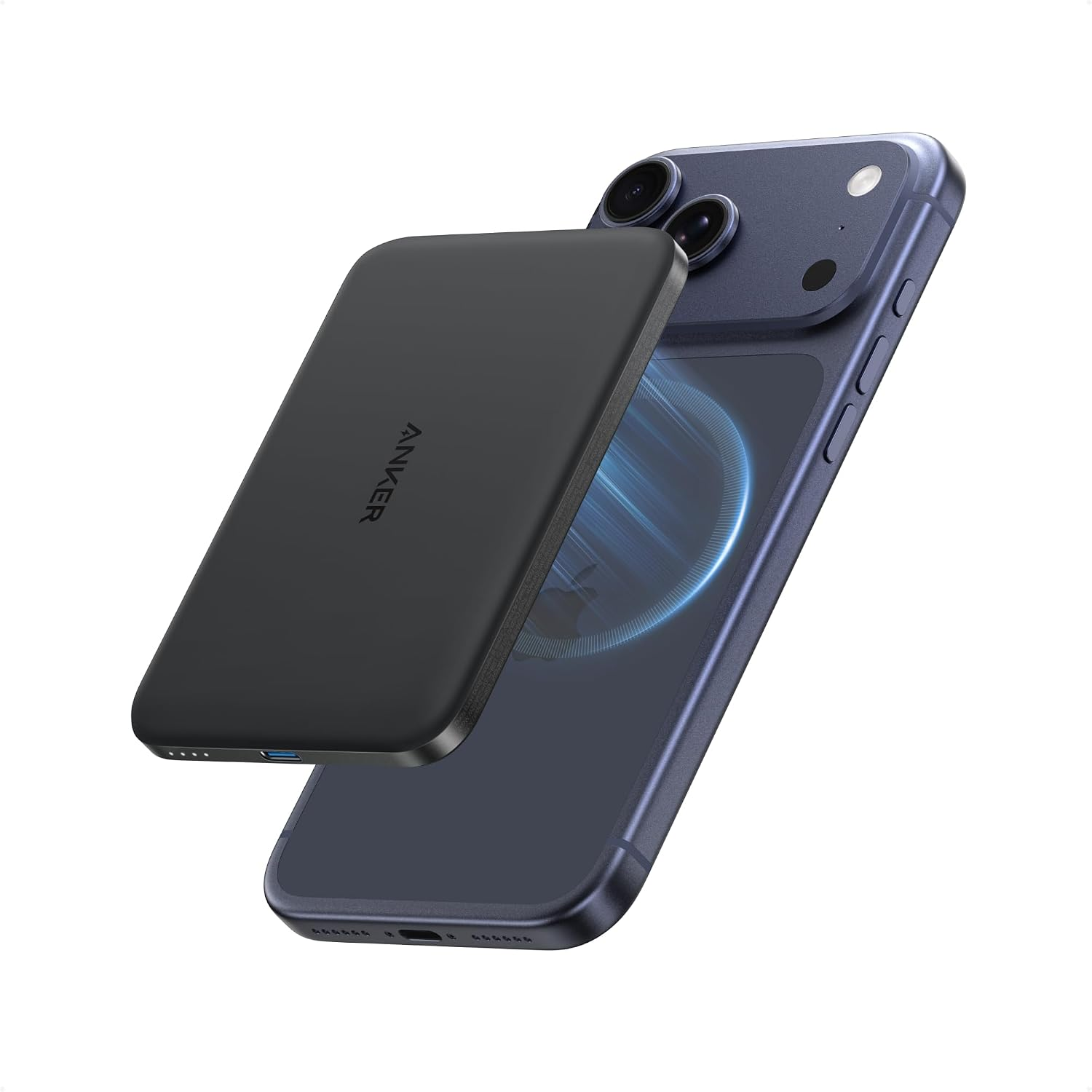 Anker Nano 5K MagGo Slim Anker Nano 5K MagGo Slim magnetic power bank shown beside an iPhone