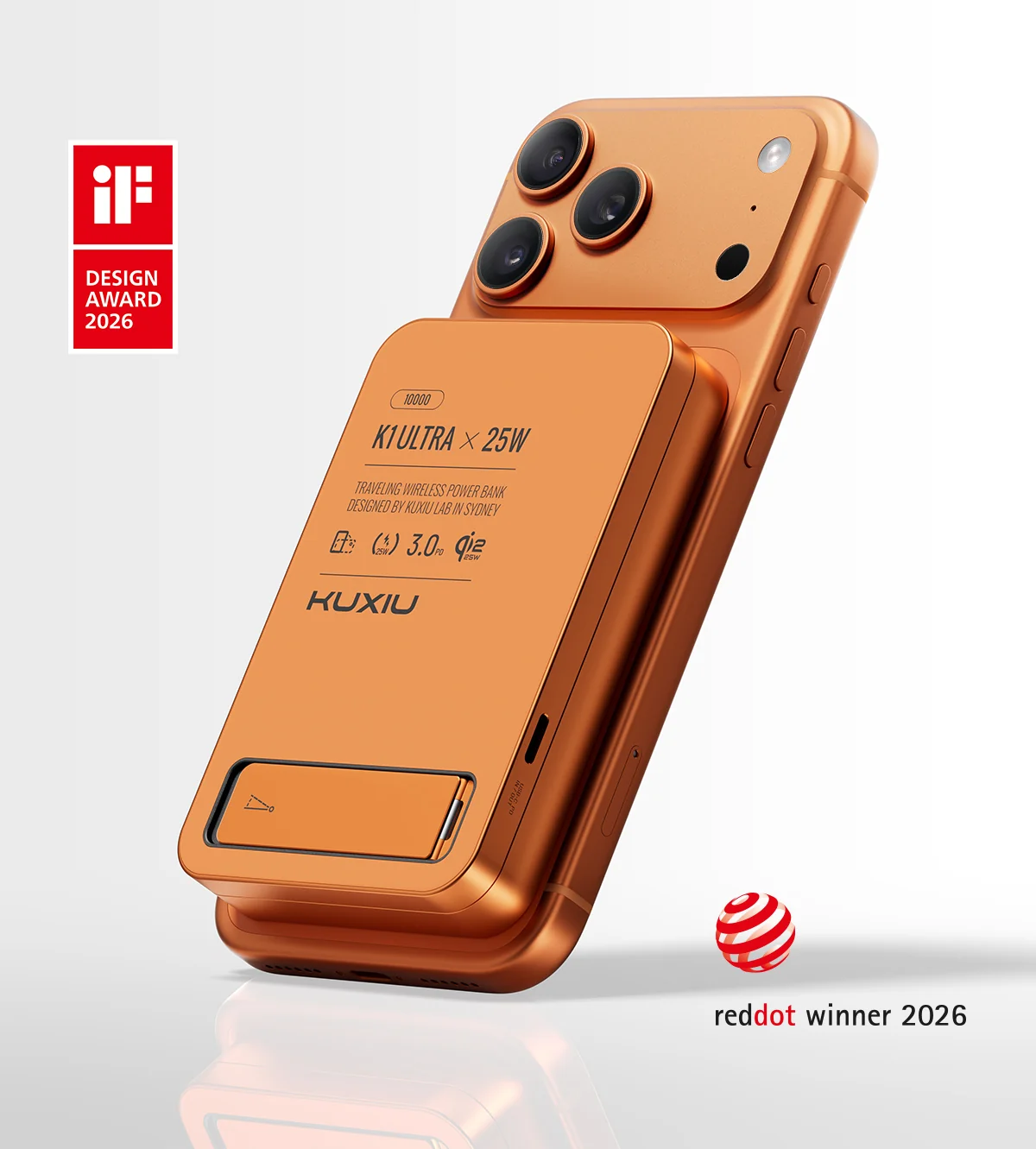 Kuxiu K1 Ultra 3-in-1 10K Kuxiu K1 Ultra 3-in-1 10K magnetic power bank attached to an orange iPhone