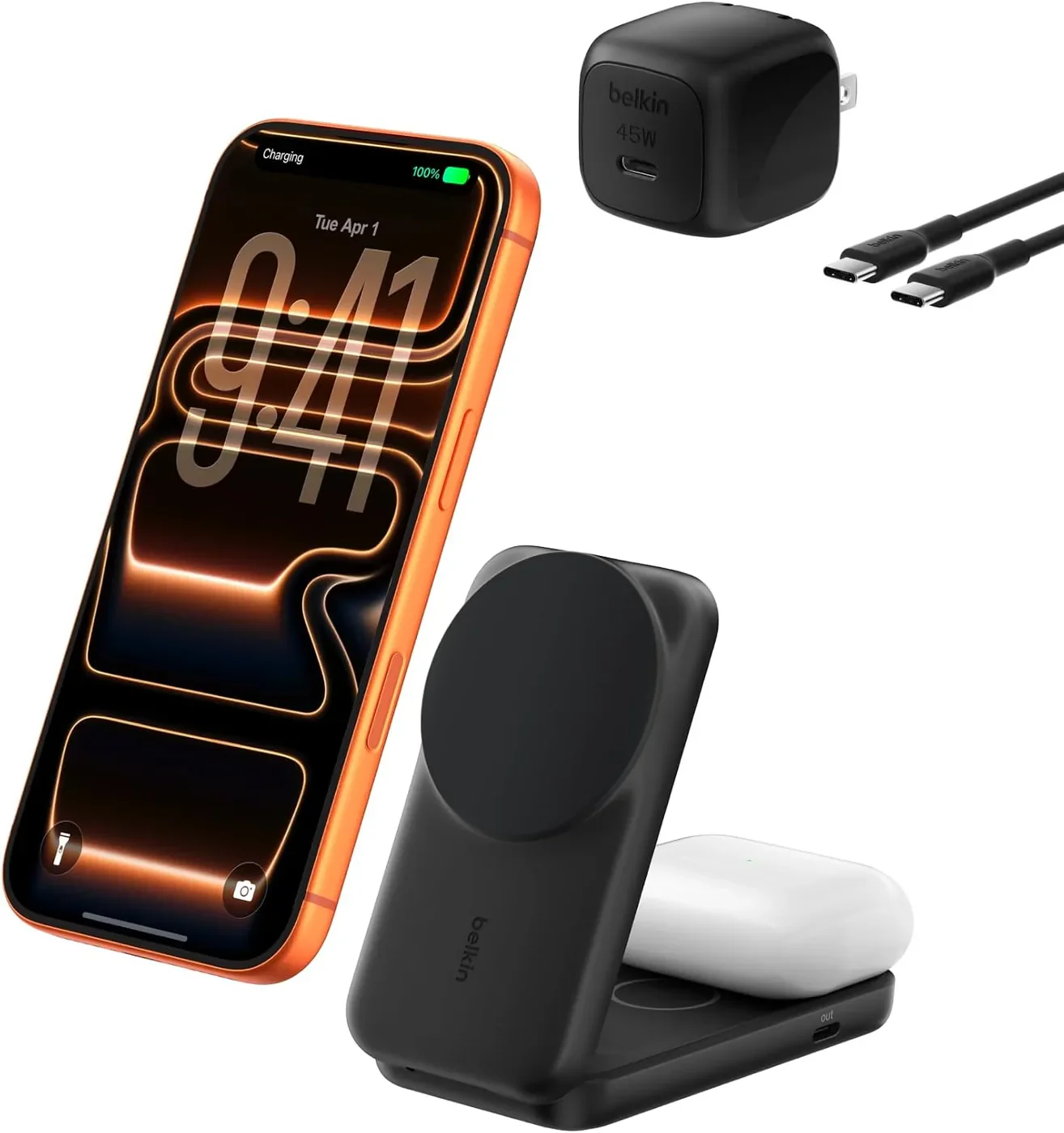 Belkin UltraCharge 2-in-1 Foldable Belkin UltraCharge 2-in-1 foldable magnetic charger with iPhone and AirPods