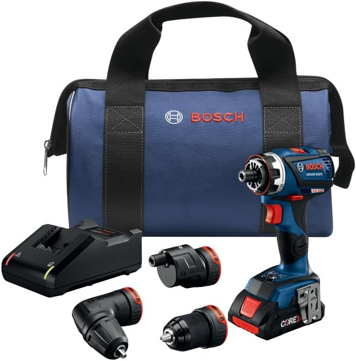 Bosch 18V Flexiclick GSR18V-535FCB15 cordless drill kit with charger, bag, and interchangeable attachments