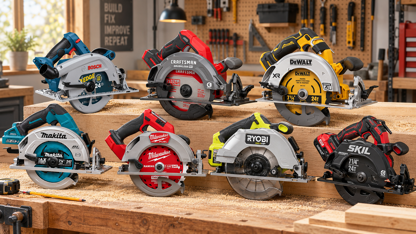 Cordless power tools from major homeowner tool platforms arranged in a workshop