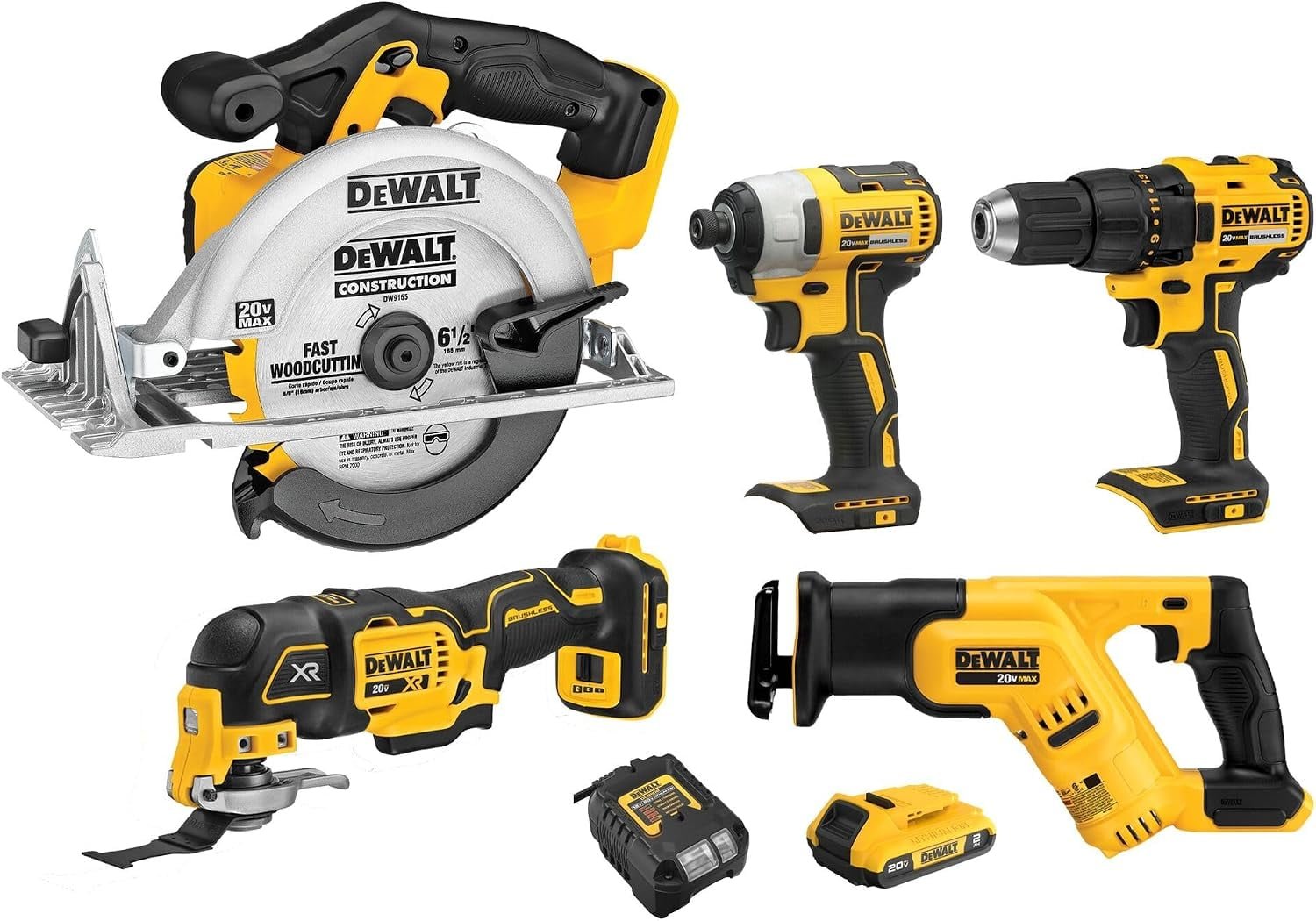 DEWALT DCK540D1 five-tool cordless combo kit with circular saw, drill, impact driver, reciprocating saw, and oscillating tool