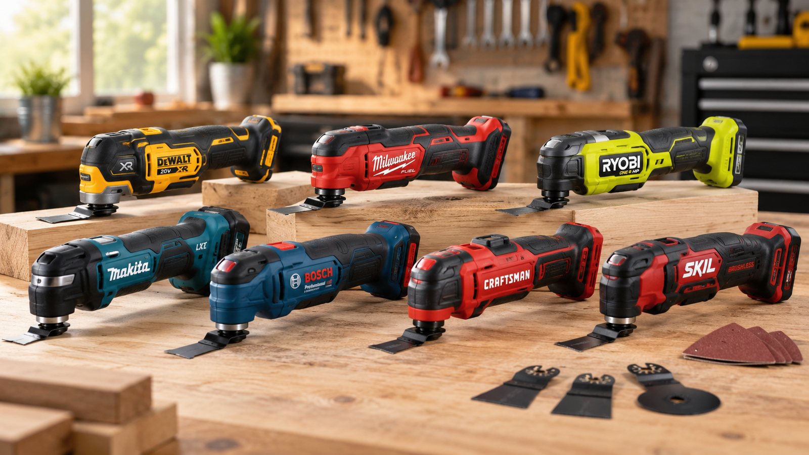 Seven cordless oscillating multi-tools for homeowners arranged in a clean comparison layout