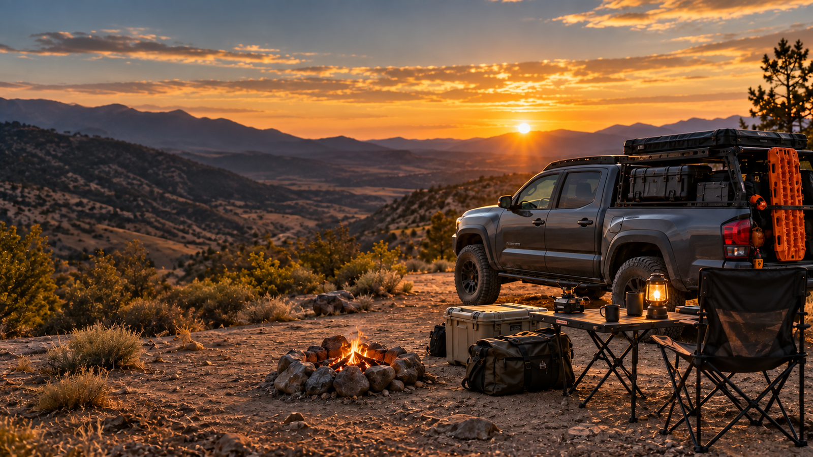A capable midsize pickup truck with recovery boards at a remote high-desert overlanding campsite at sunset.