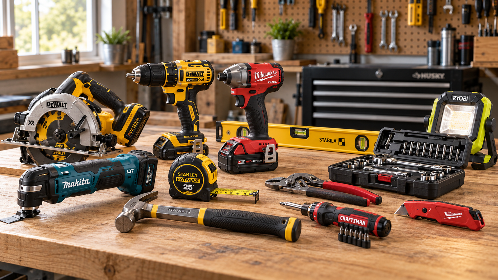 Essential homeowner hand and power tools arranged on a warm-lit garage workbench.
