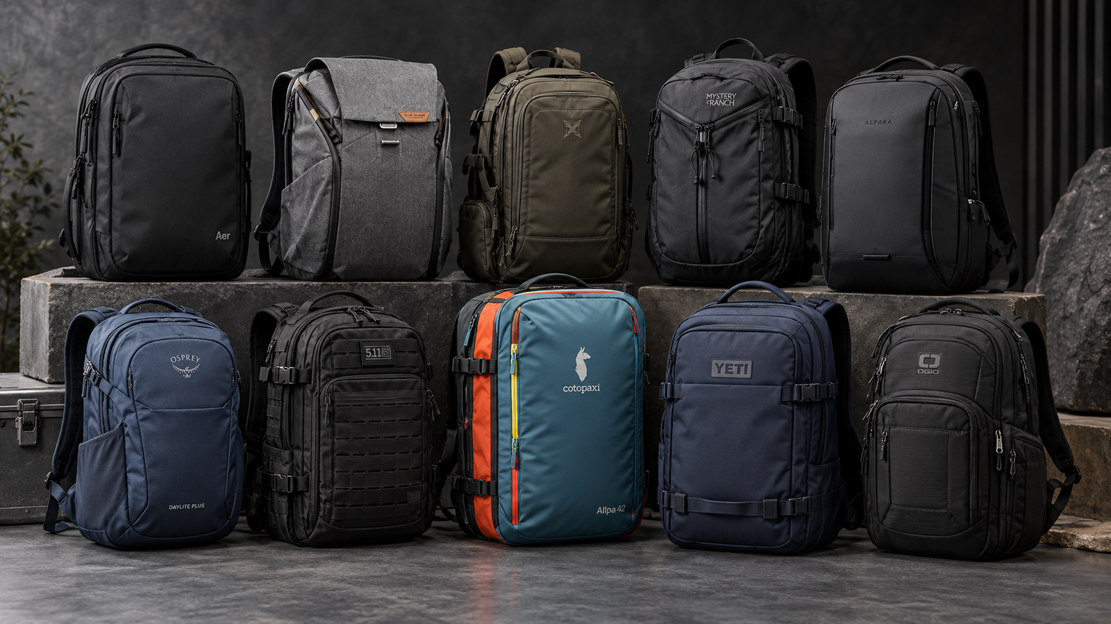 Everyday carry backpacks arranged with practical work, tech and travel gear on a dark studio surface.