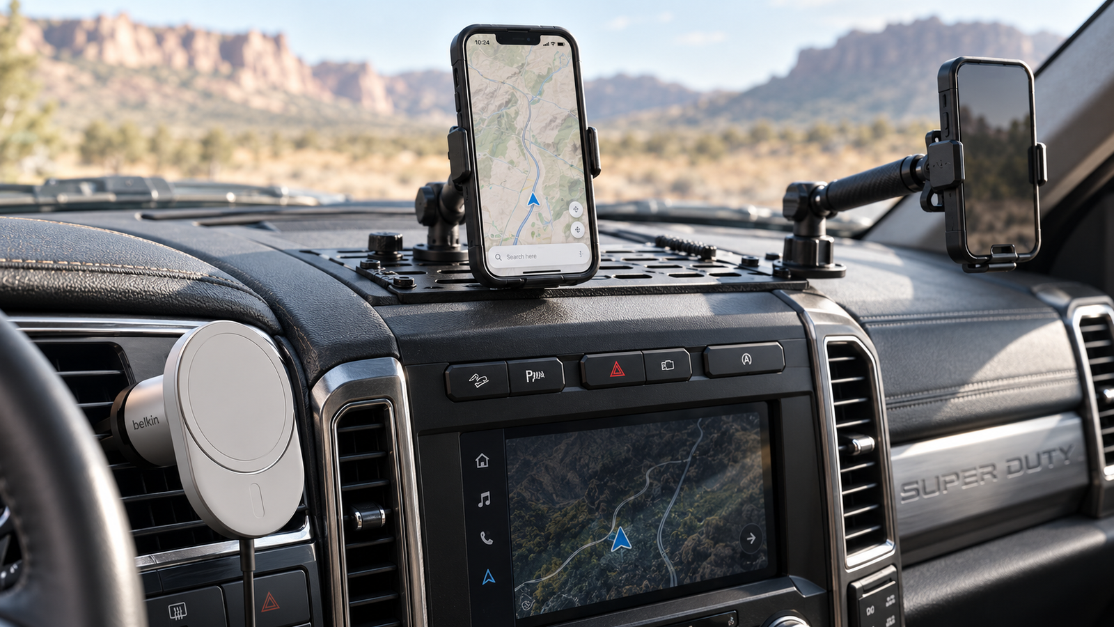 MagSafe and modular phone mounting systems installed across a truck dashboard