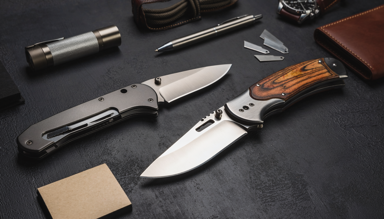 Replaceable-blade EDC utility knife and traditional folding pocket knife arranged with everyday carry gear on a dark work surface