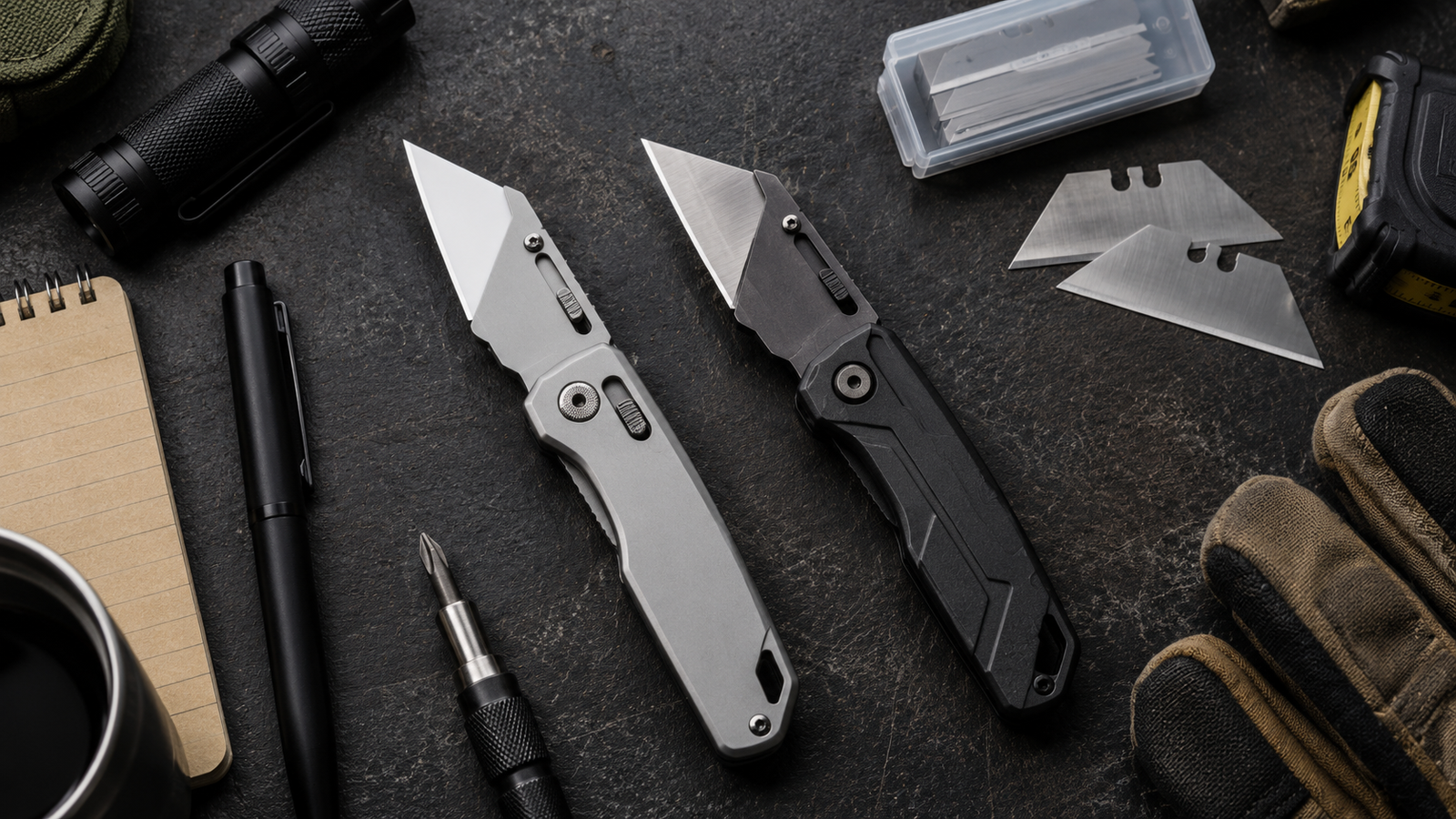 Ceramic and steel utility knife blades shown with folding utility knives and everyday carry gear on a dark workbench