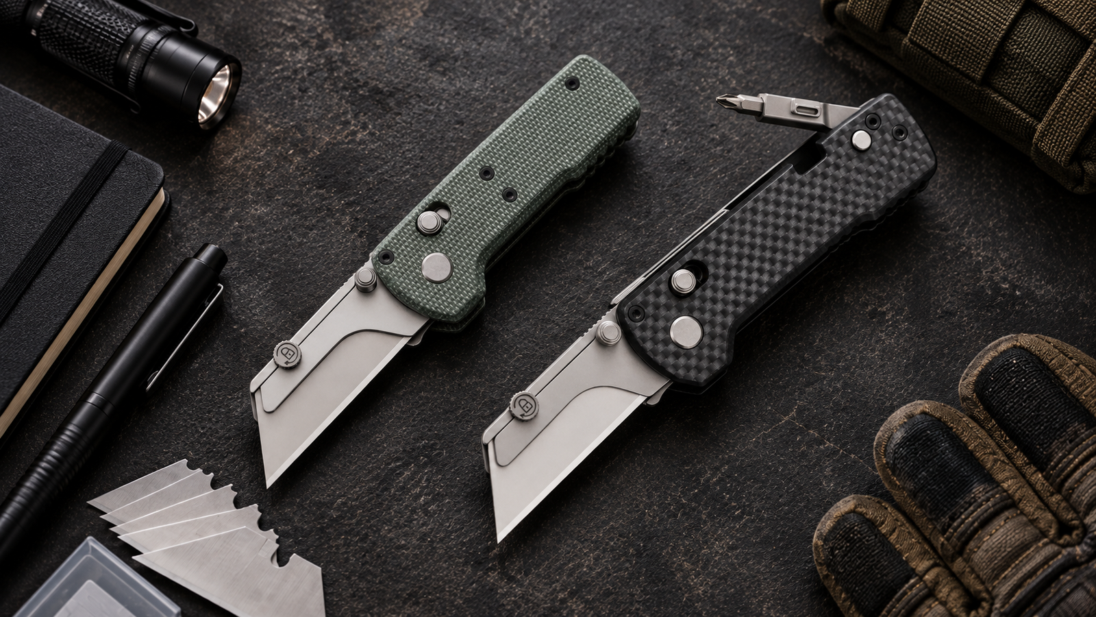 OKNIFE U1, U1 Pro and U1 Ultra folding utility knives arranged side by side on a dark EDC work surface