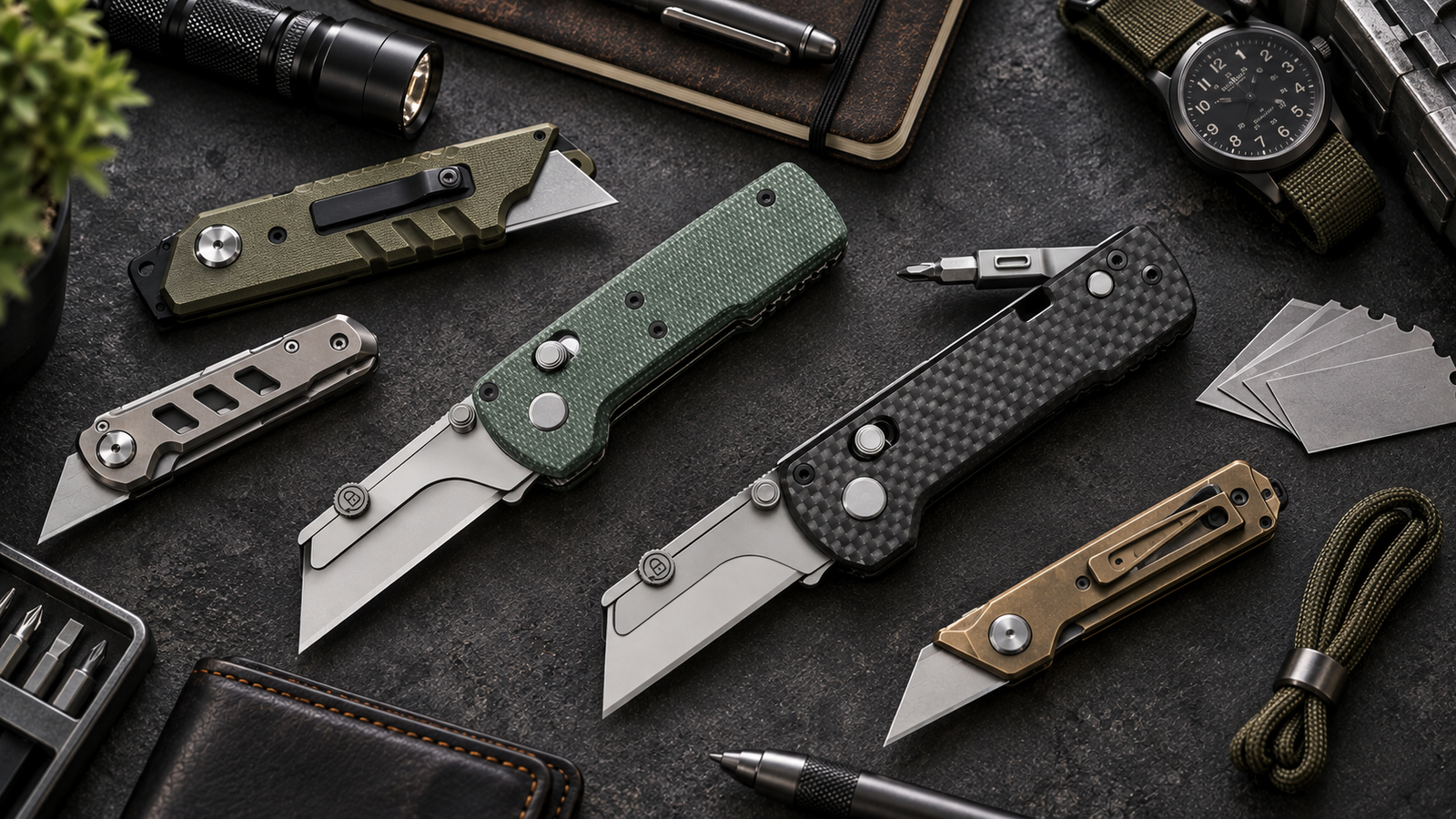Replaceable-blade EDC utility knives arranged with a flashlight, pen, wallet and spare blades on a dark workbench
