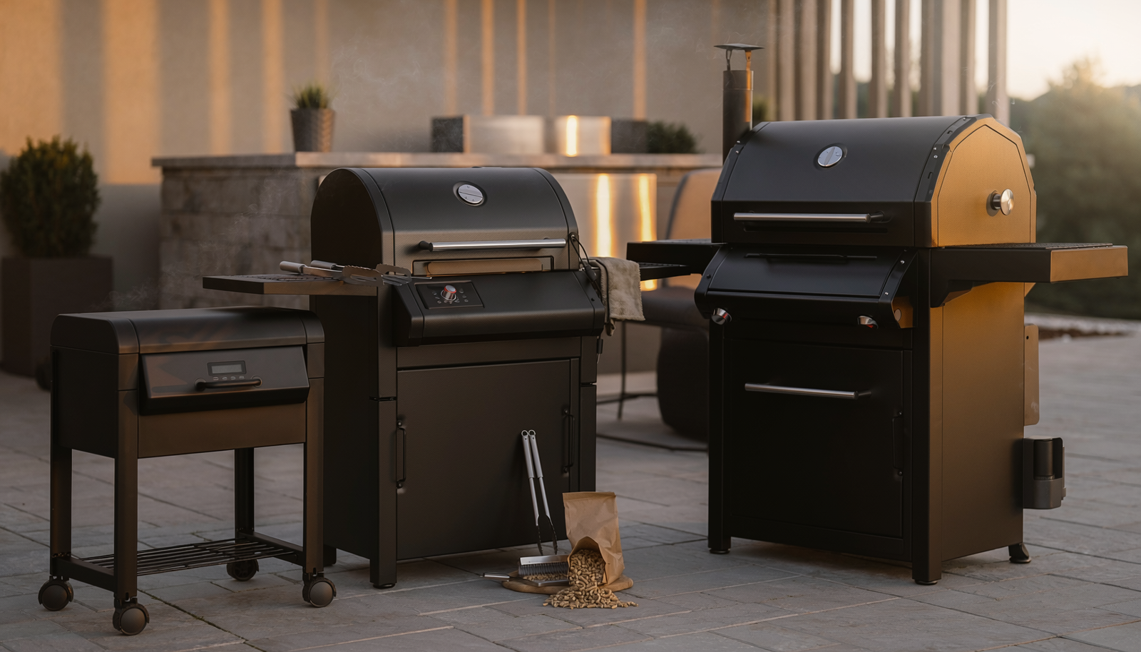 Three modern pellet grills arranged on a premium backyard patio with barbecue tools and subtle smoke at golden hour