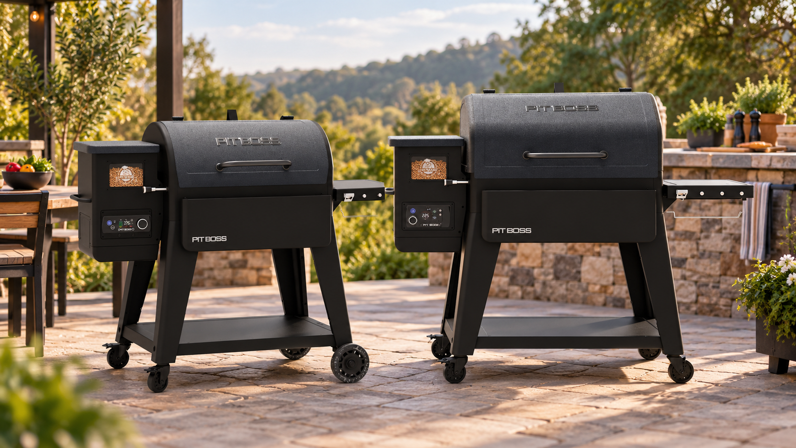 Three modern pellet grills arranged on a premium backyard patio with barbecue tools and subtle smoke at golden hour