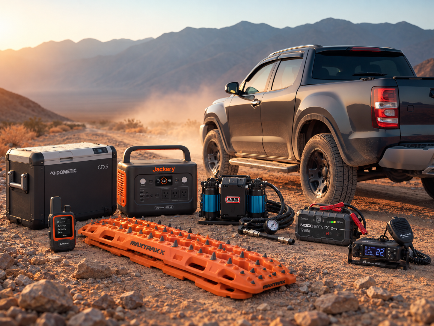 Overland pickup truck on a rugged high-desert trail with recovery, communication, power, refrigeration and emergency gear arranged beside it.