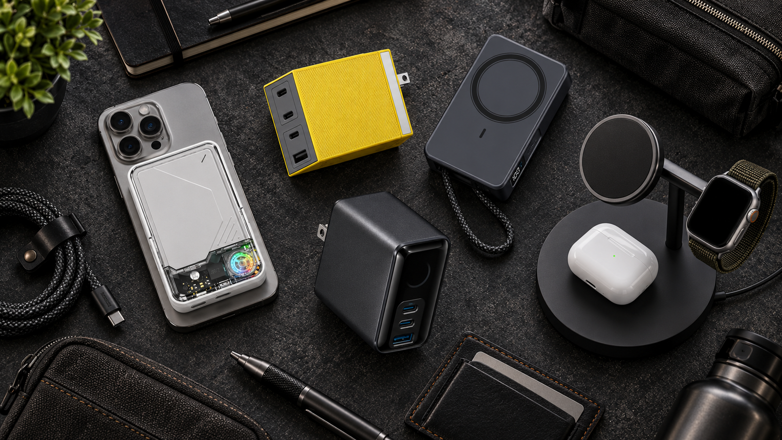 Modern charging gear arranged on a dark desk, including power banks, USB-C chargers, cables, a wireless charging stand and a compact hub