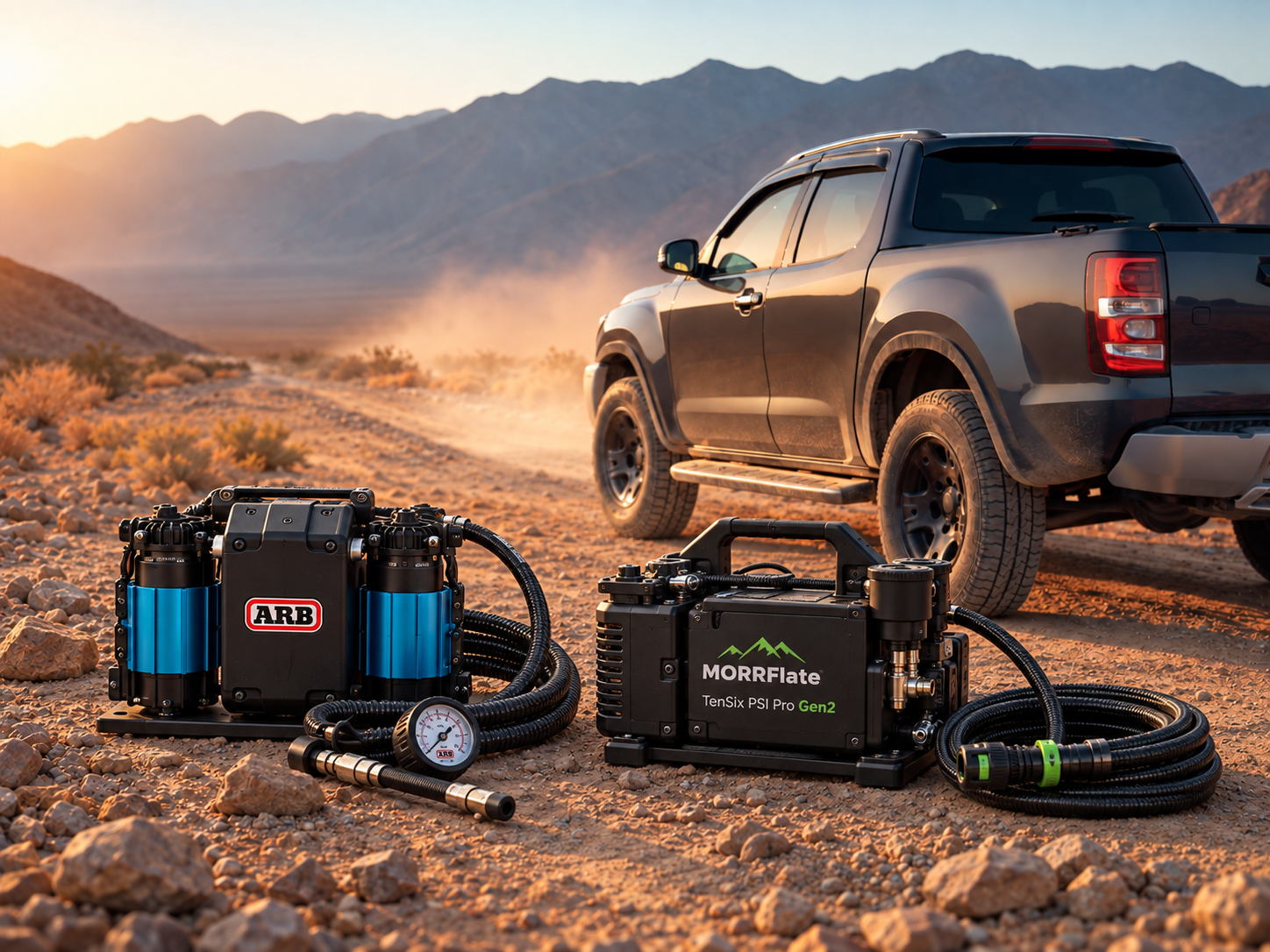 Portable off-road air compressors and tire inflation equipment arranged beside an overlanding pickup truck on a desert trail.