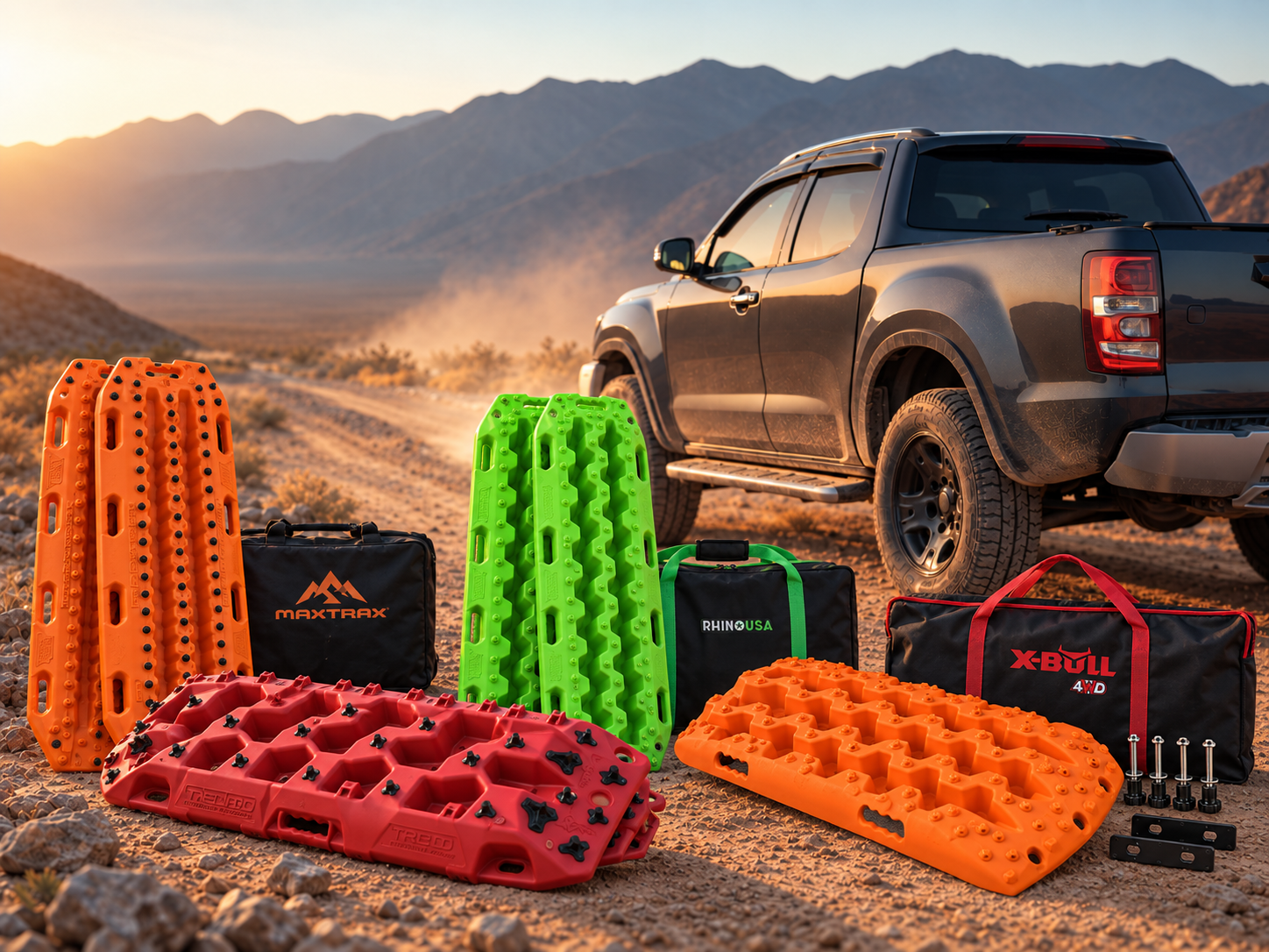 Overlanding truck with MAXTRAX XTREME, ARB TRED Pro, Rhino USA and X-BULL recovery boards on a desert trail at golden hour.