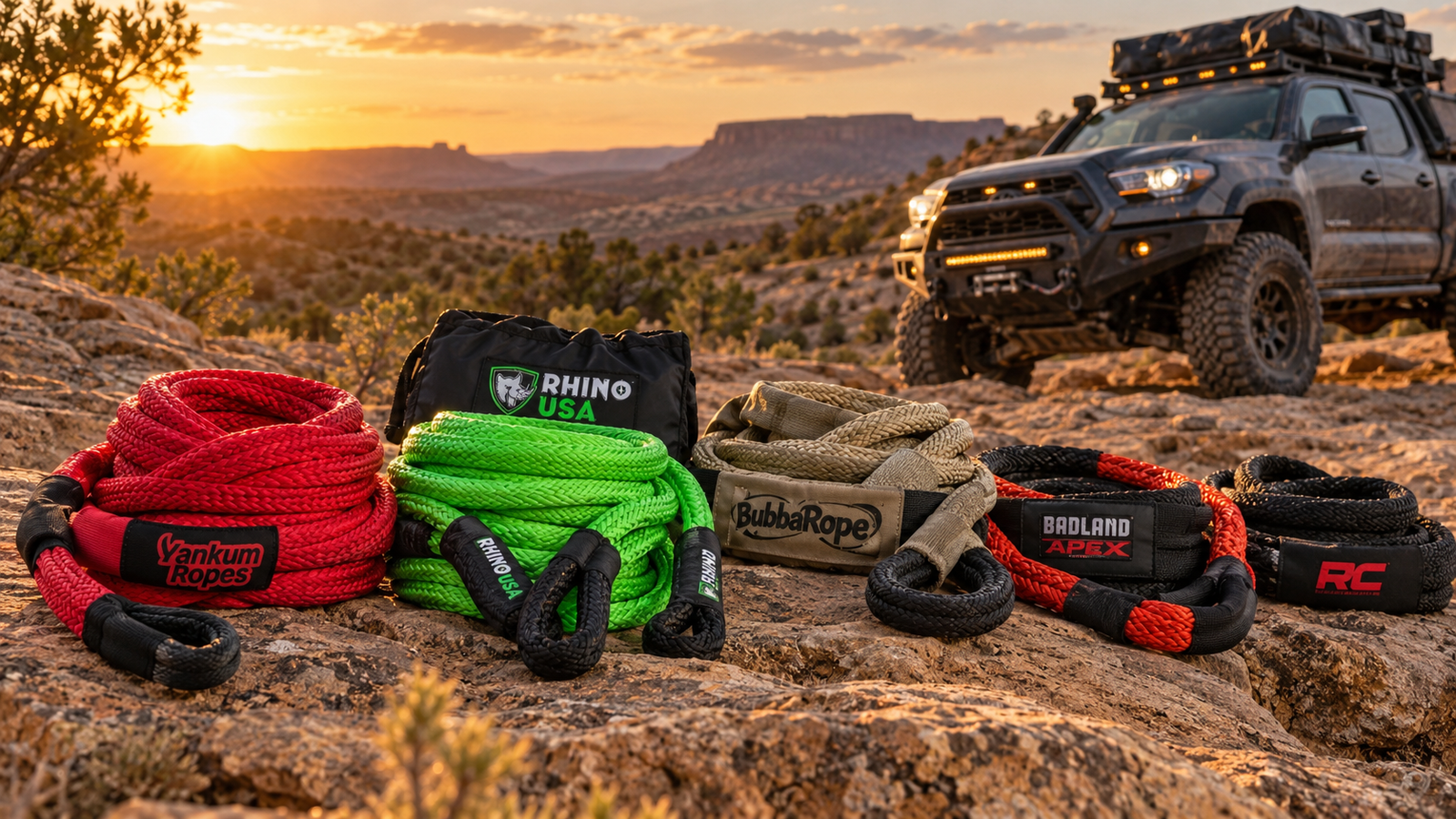 Kinetic recovery ropes from Yankum Ropes, Rhino USA, Bubba Rope, BADLAND APEX, and Rough Country staged beside an overlanding truck at sunset