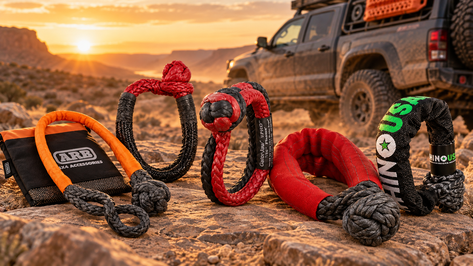 Soft shackles from ARB, BADLAND, Bubba Rope, Yankum Ropes, and Rhino USA staged beside an overlanding truck on a rocky desert trail at sunset.