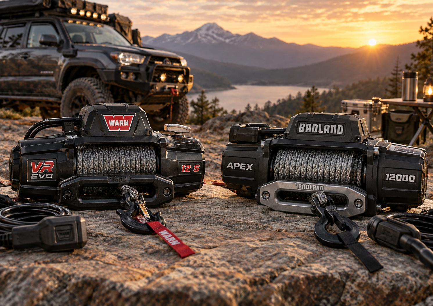 WARN VR EVO 12-S and BADLAND APEX 12,000 lb synthetic rope winches displayed side by side on rocky terrain beside an overlanding truck at sunset.