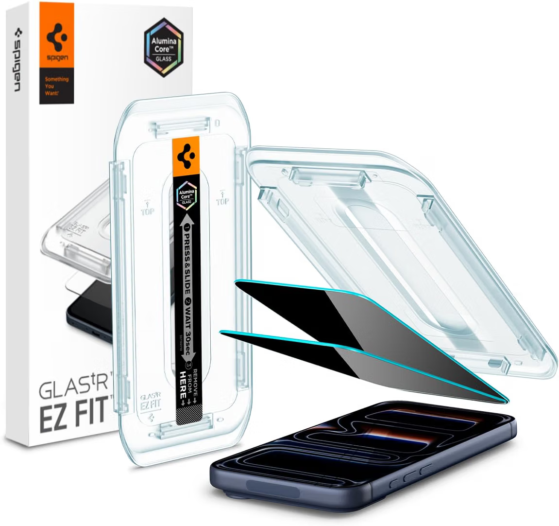 Spigen GLAS.tR EZ Fit Privacy screen protector for iPhone 18 Pro Max with privacy filter